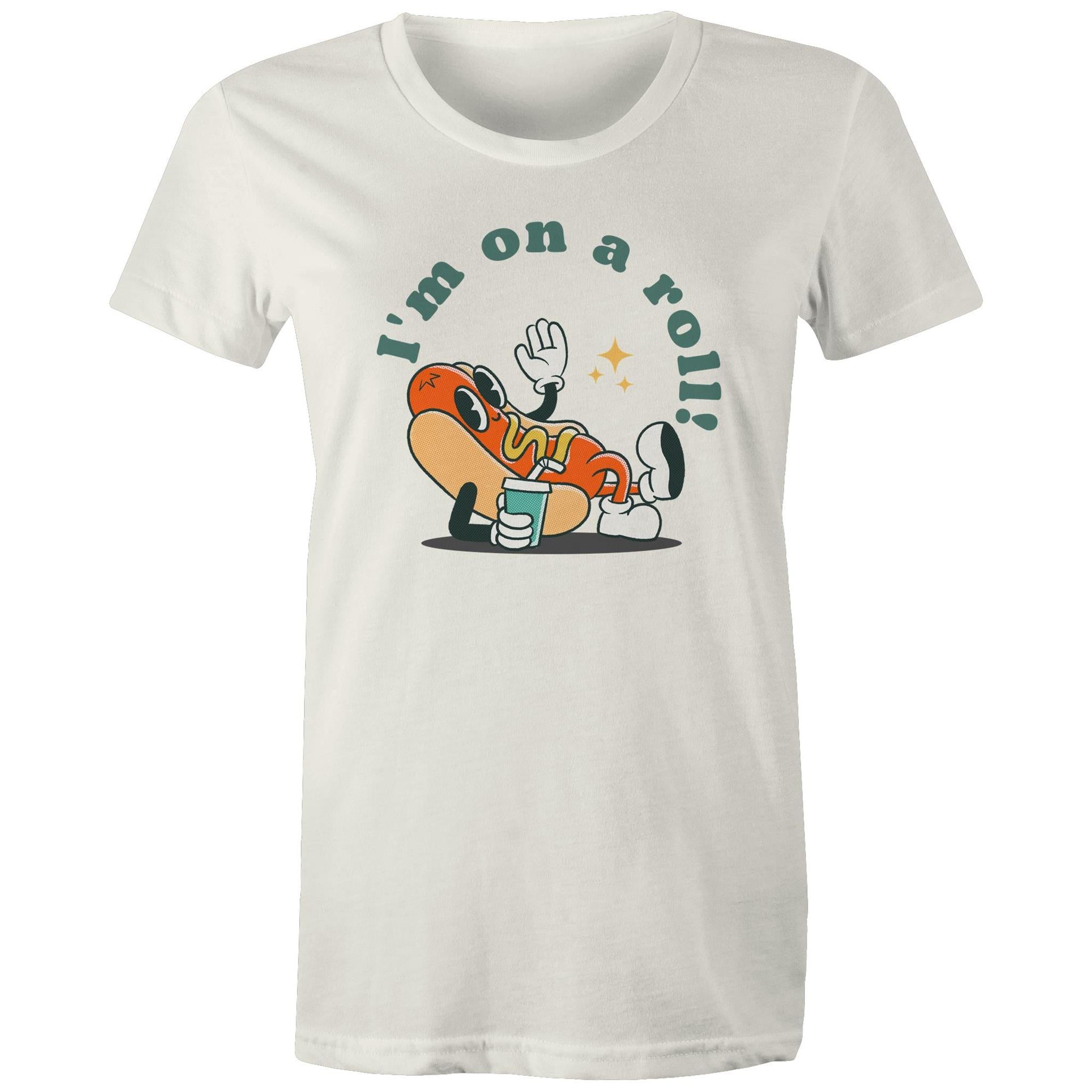 Hotdog, I'm On A Roll - Womens T-shirt Natural Womens T-shirt Food Printed In Australia