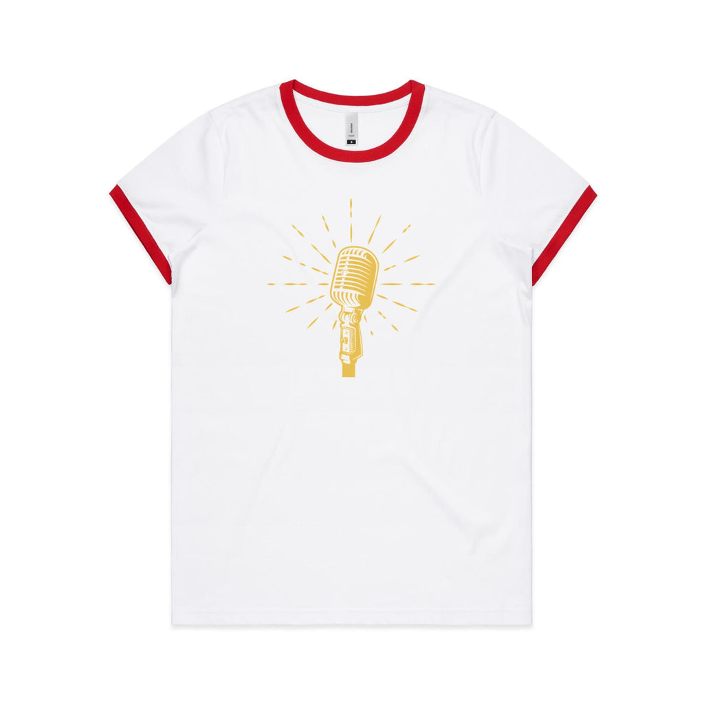 Retro Microphone - Women's Ringer Tee White Red Womens Ringer T-shirt Music Printed In Australia Retro