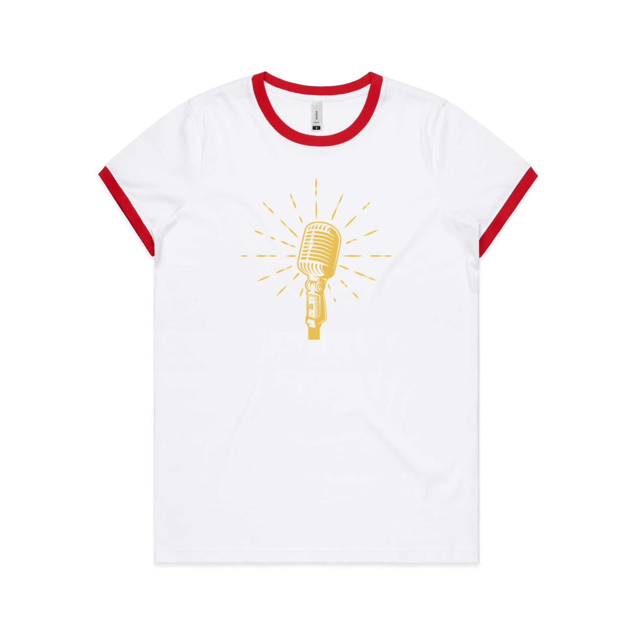 Retro Microphone - Women's Ringer Tee White Red Womens Ringer T-shirt Music Printed In Australia Retro