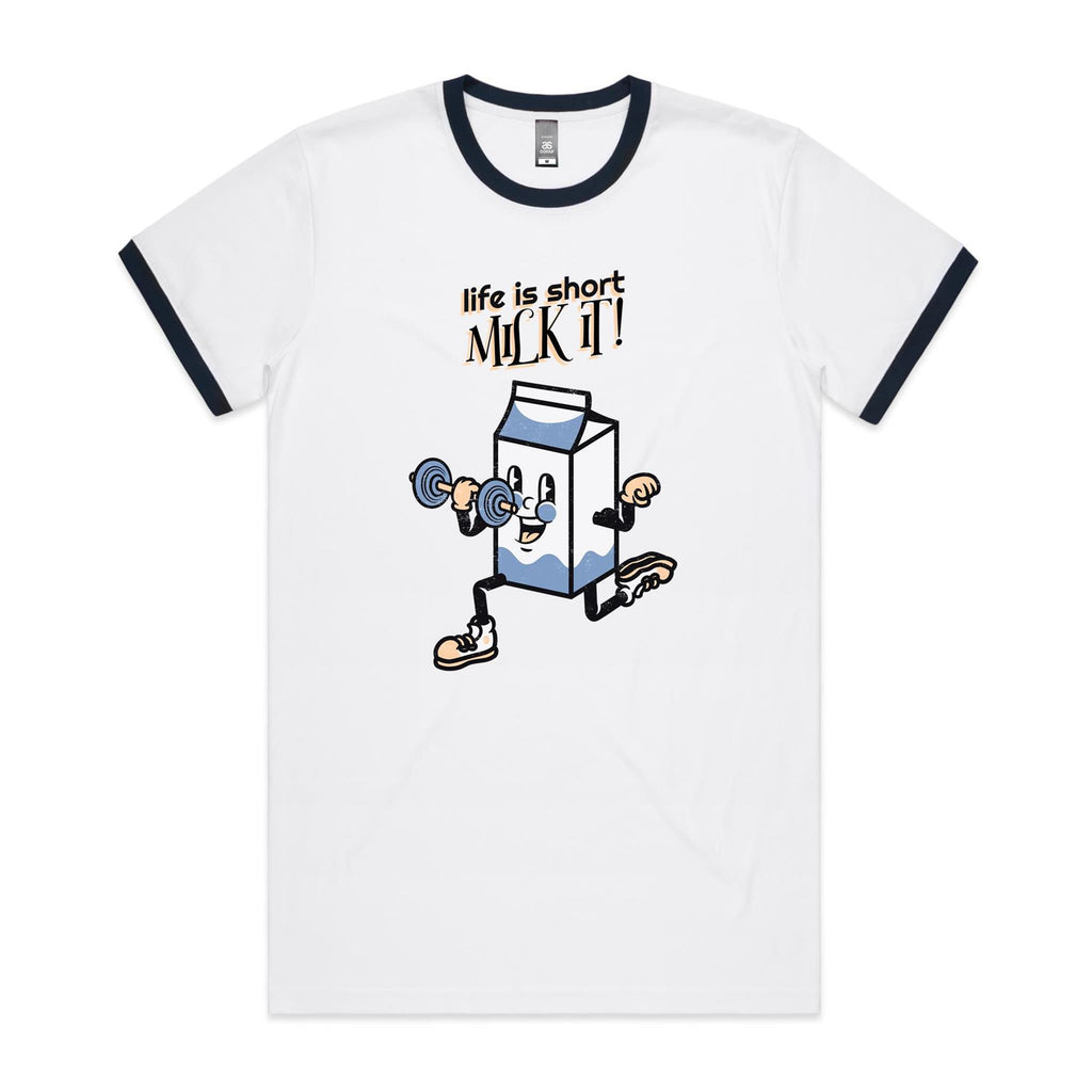 Life Is Short, Milk It - Staple Ringer Tee White Navy Ringer T-Shirt Fitness Printed In Australia
