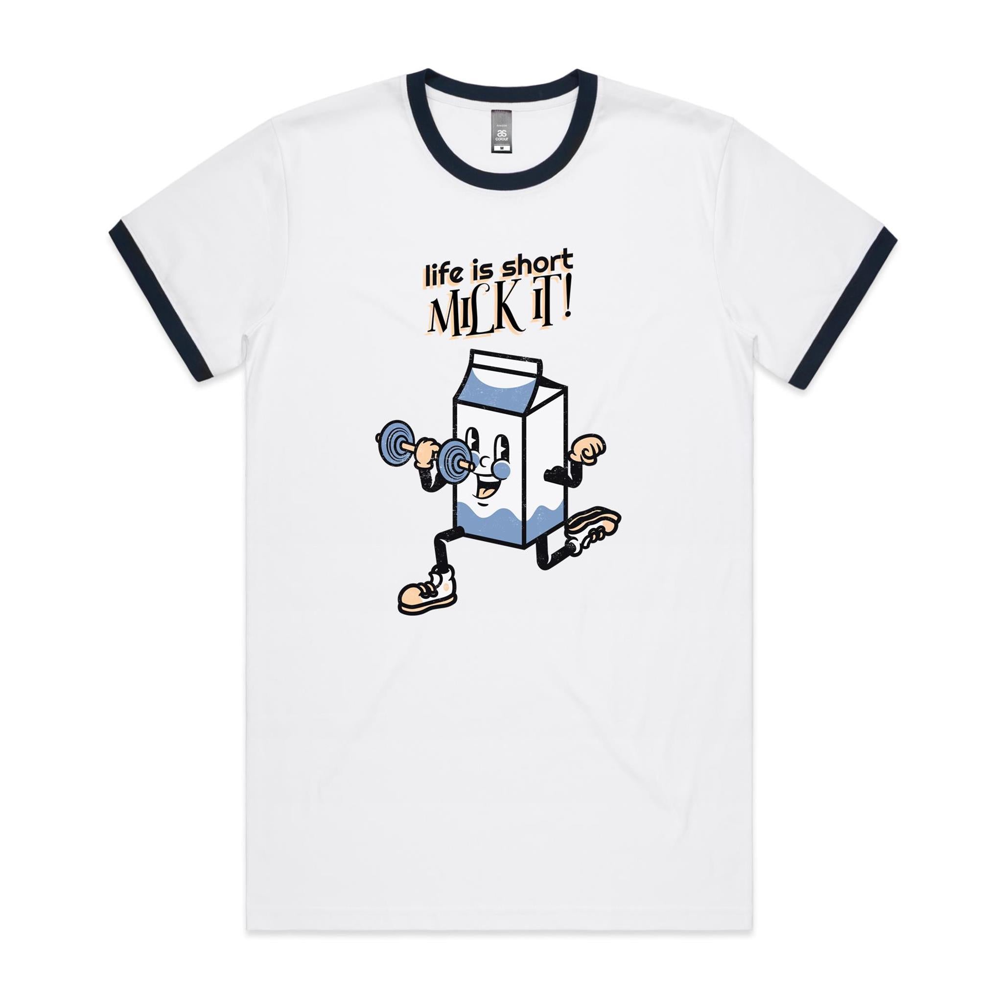 Life Is Short, Milk It - Staple Ringer Tee White Navy Ringer T-Shirt Fitness Printed In Australia