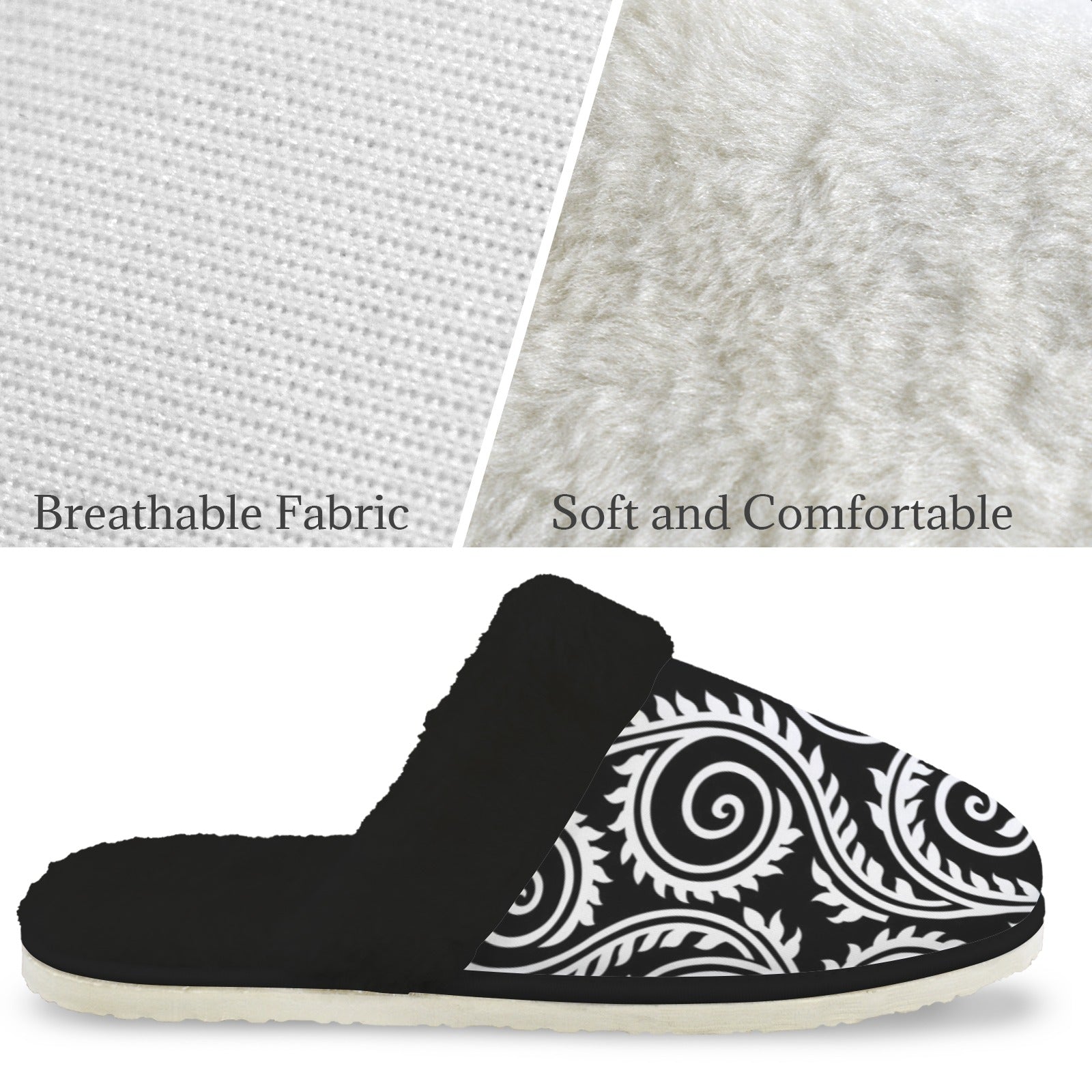 Black And White Swirl Men's Fur Trim Thick-Sole Indoor Slippers Men's Fur Trimmed Slippers Printed Offshore