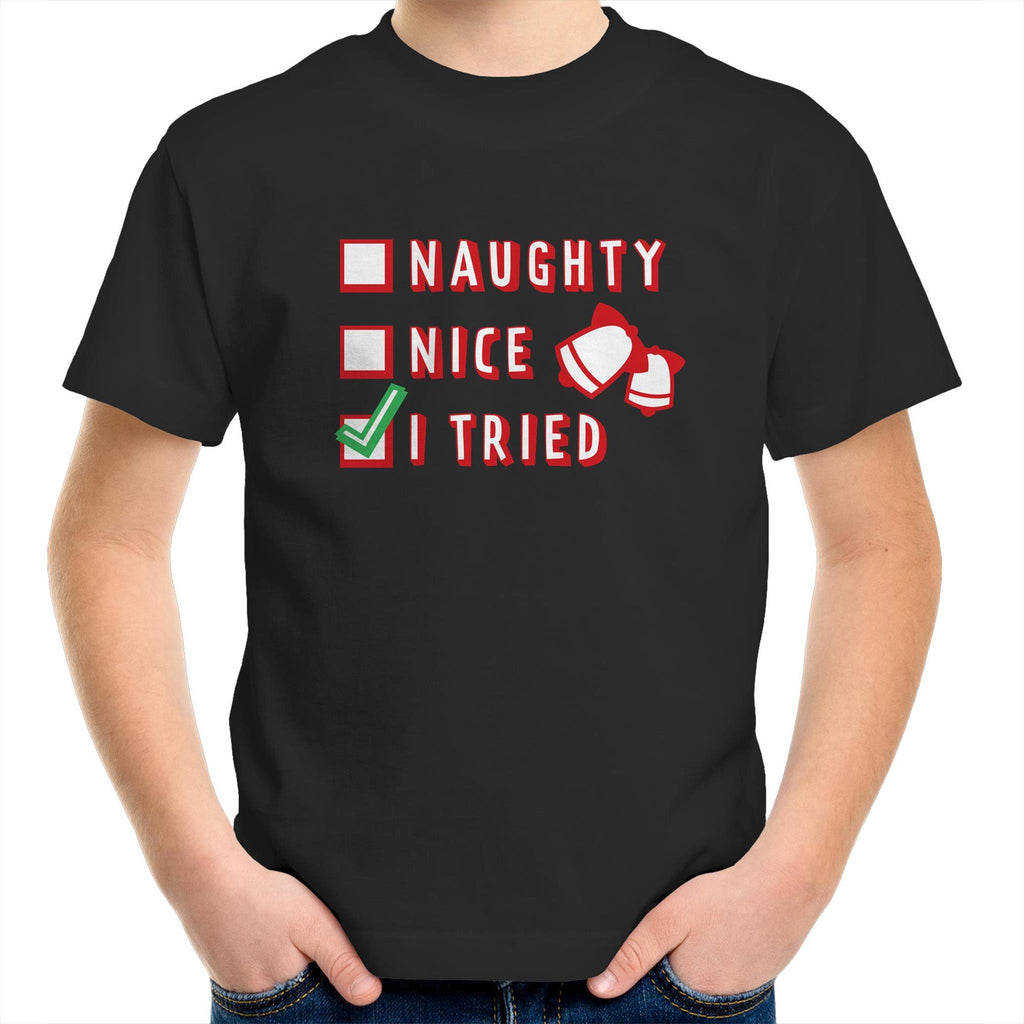Naughty, Nice, I Tried, Santa's Christmas List - Kids Youth T-Shirt Black Kids Christmas T-shirt Christmas Printed In Australia