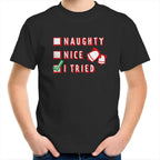 Naughty, Nice, I Tried, Santa's Christmas List - Kids Youth T-Shirt Black Kids Christmas T-shirt Christmas Printed In Australia