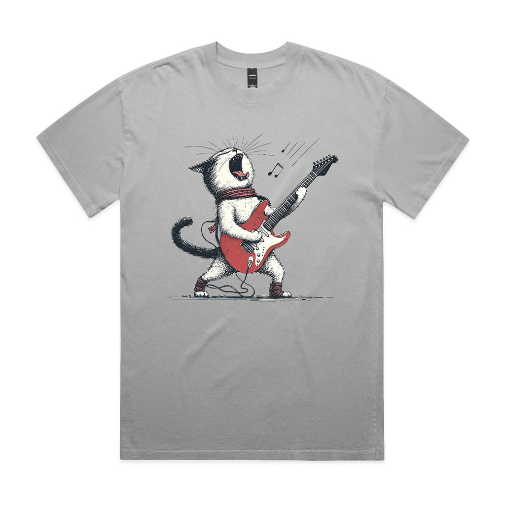 Cat Playing Guitar AS Colour Heavy Faded Tee Unisex Faded storm Heavy Faded T-shirt animal Music Printed In Australia