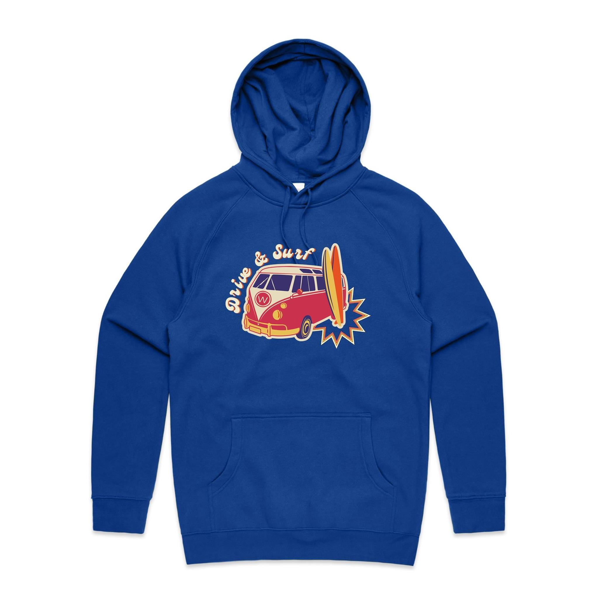 Drive And Surf - Mens Hoodie Bright Royal Mens Hoodie Printed In Australia Surf