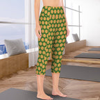 Yellow Flowers On Green Women's High Waist Pocket Capri Yoga Leggings