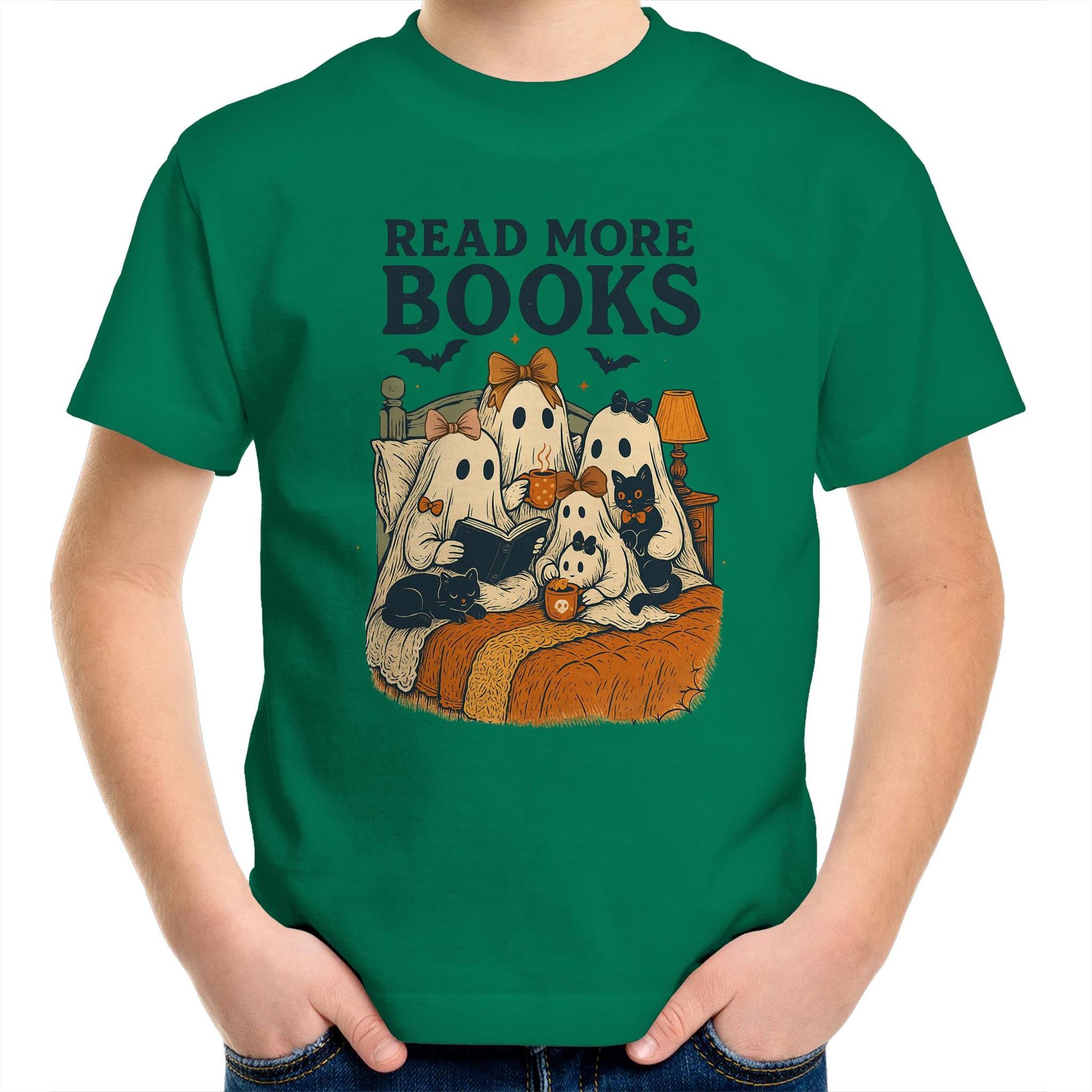 Read More Books, Halloween Ghosts - Kids Youth T-Shirt Kelly Green Kids Youth T-shirt Halloween Printed In Australia Reading
