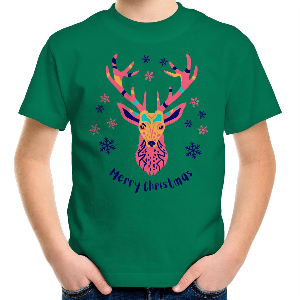 Christmas Deer - Kids Youth T-Shirt Kelly Green Kids Christmas T-shirt Christmas Printed In Australia