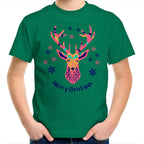 Christmas Deer - Kids Youth T-Shirt Kelly Green Kids Christmas T-shirt Christmas Printed In Australia