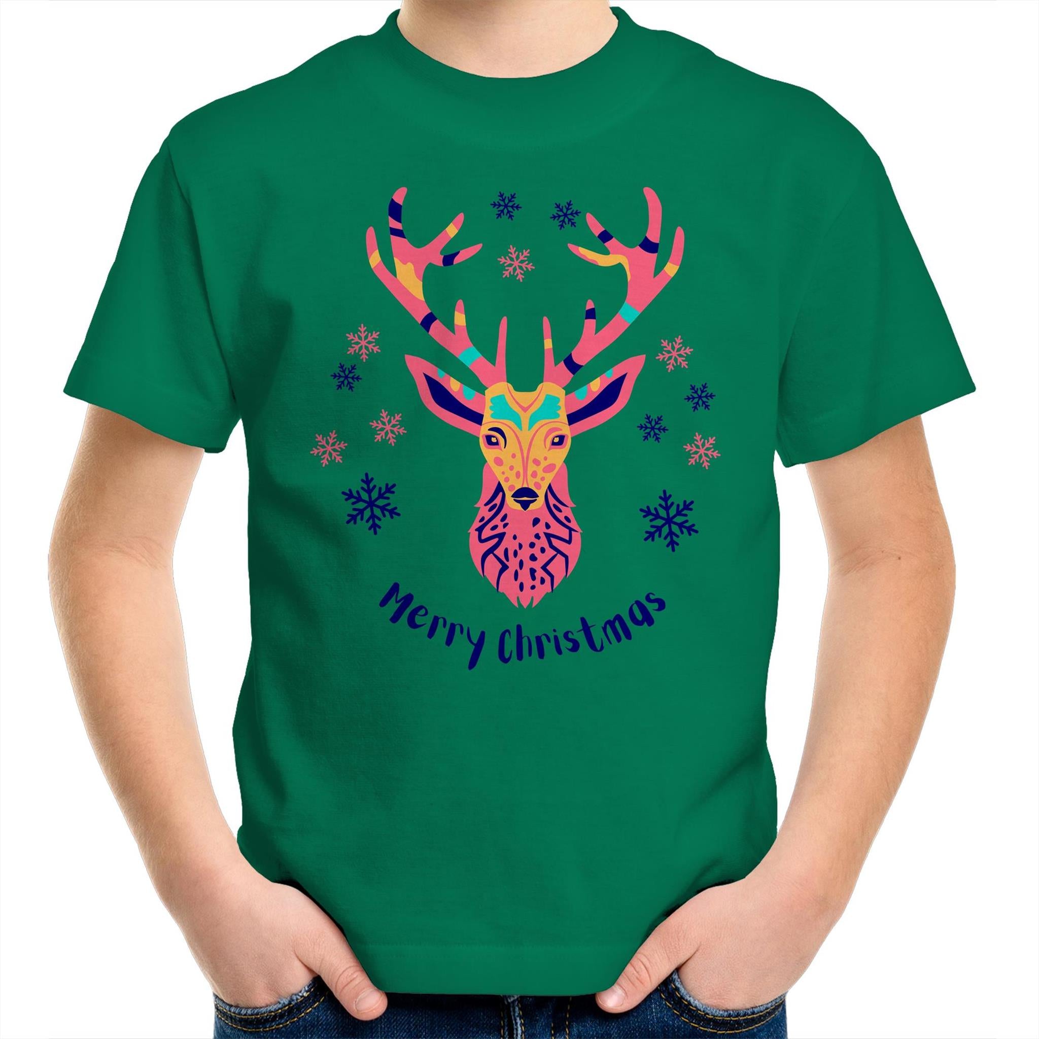 Christmas Deer - Kids Youth T-Shirt Kelly Green Kids Christmas T-shirt Christmas Printed In Australia