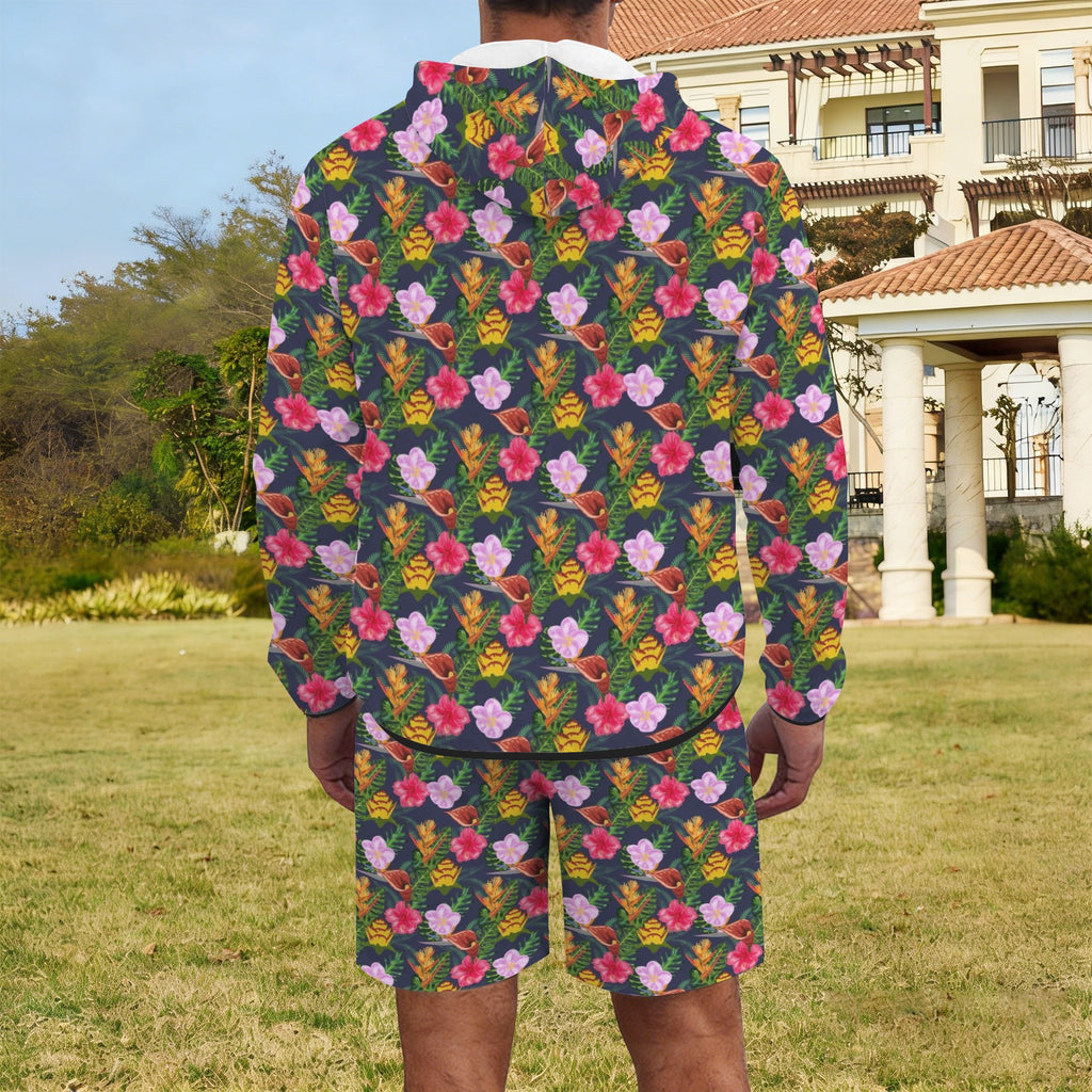 Tropical Floral Men's Lightweight Sun Hoodie & Shorts Set Men's Lightweight Sun Hoodie & Shorts Plants Printed Offshore