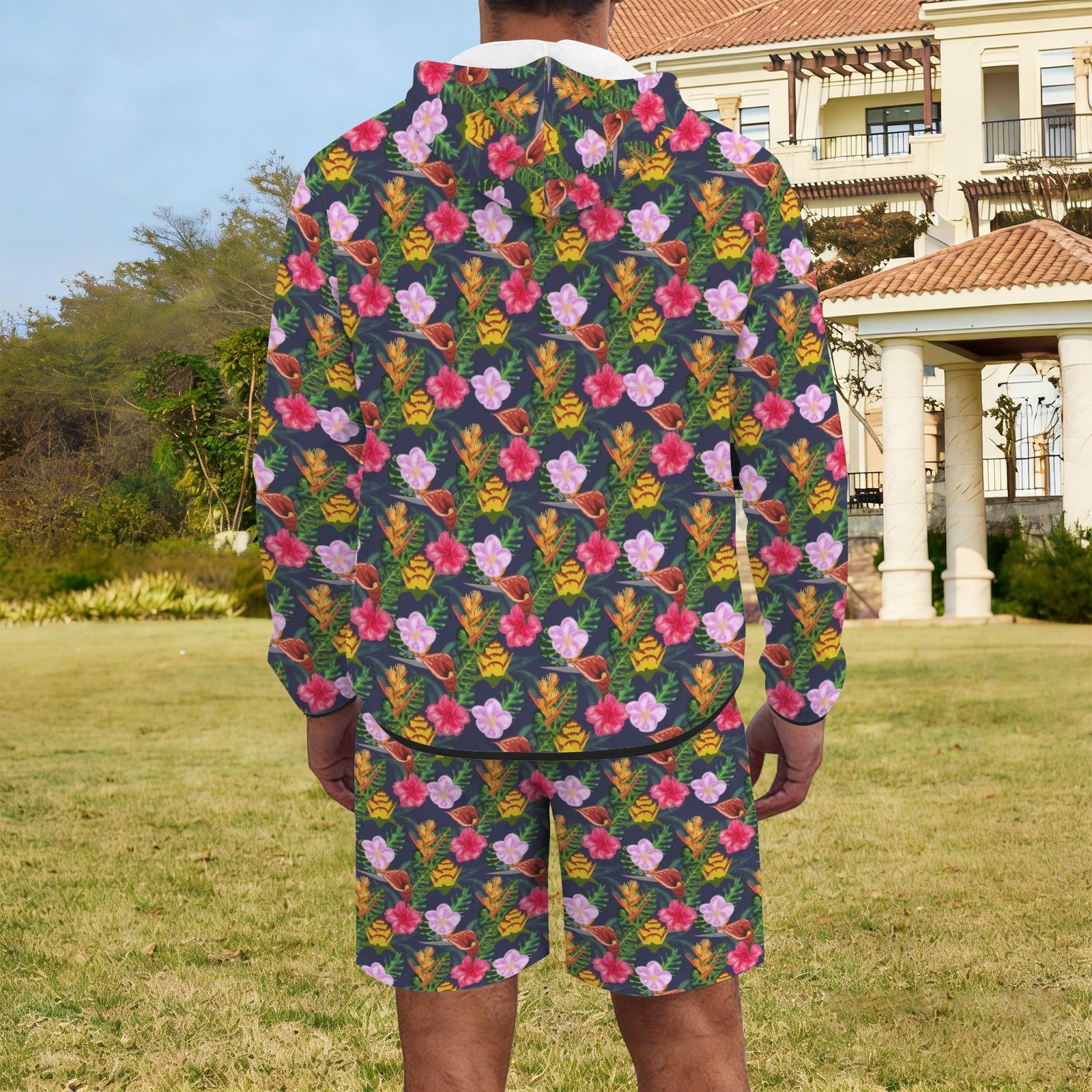 Tropical Floral Men's Lightweight Sun Hoodie & Shorts Set Men's Lightweight Sun Hoodie & Shorts Plants Printed Offshore