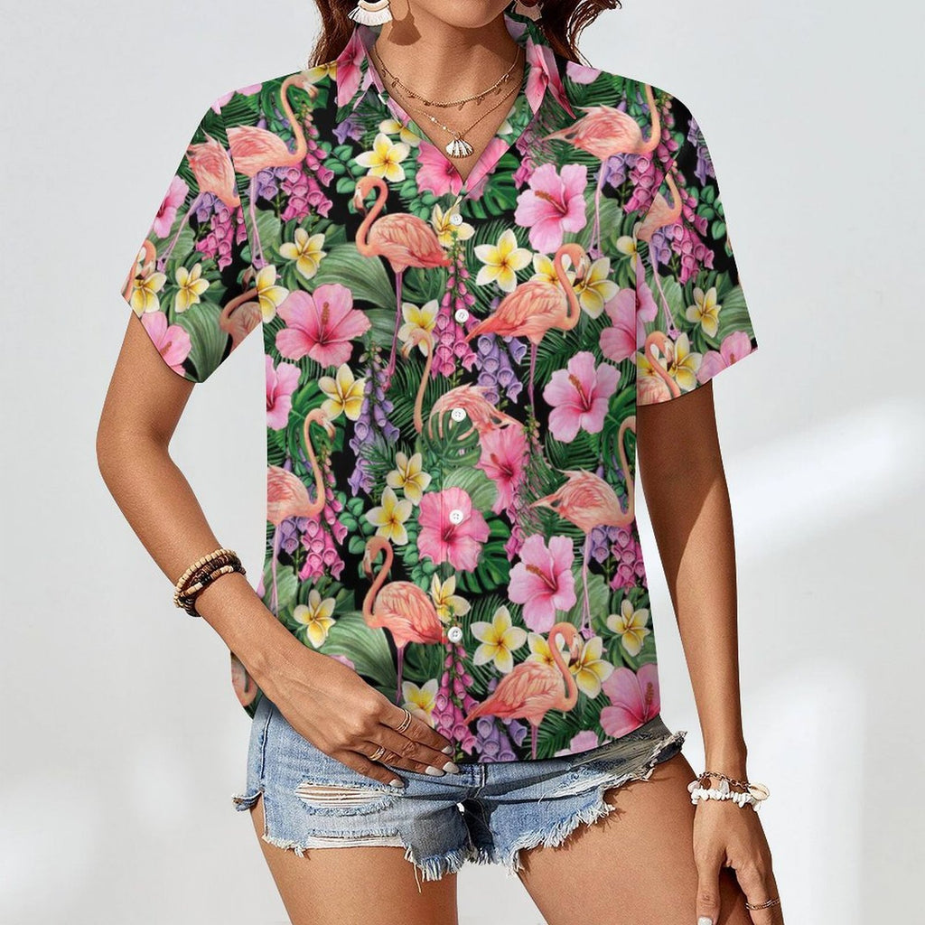 Flamingo Jungle Women's Collared Pocketless Short Sleeve Shirt