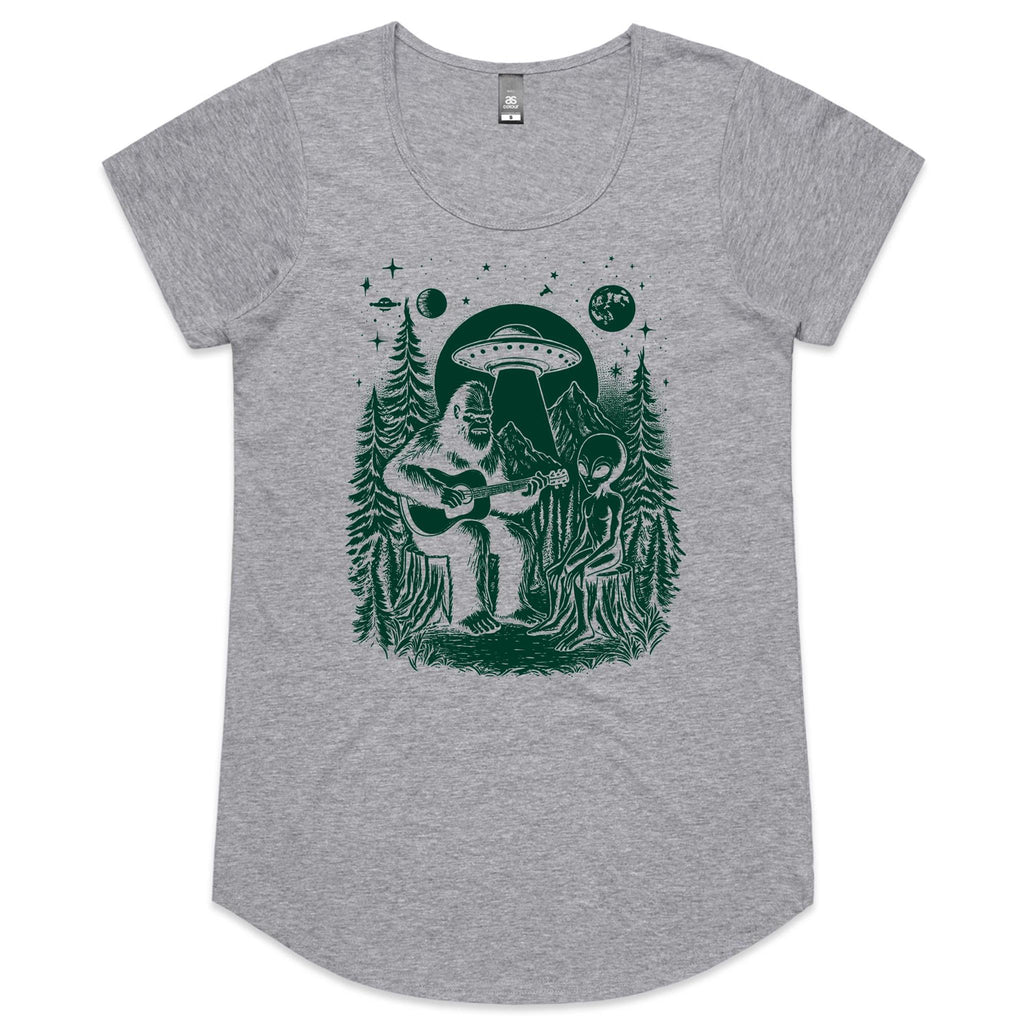 Alien And Bigfoot Playing Guitar - Womens Scoop Neck T-Shirt Grey Marle Womens Scoop Neck T-shirt Music Printed In Australia Sci Fi