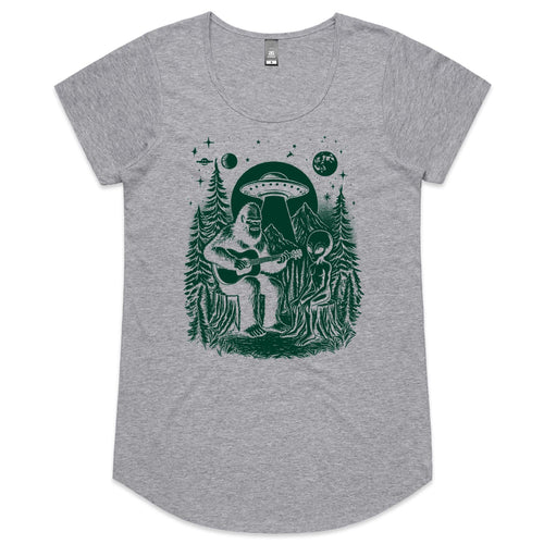 Alien And Bigfoot Playing Guitar - Womens Scoop Neck T-Shirt Grey Marle Womens Scoop Neck T-shirt Music Printed In Australia Sci Fi