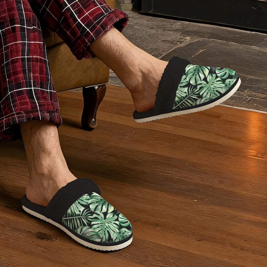 Jungle Leaves Men's Fur Trim Thick-Sole Indoor Slippers Men's Fur Trimmed Slippers Plants Printed Offshore