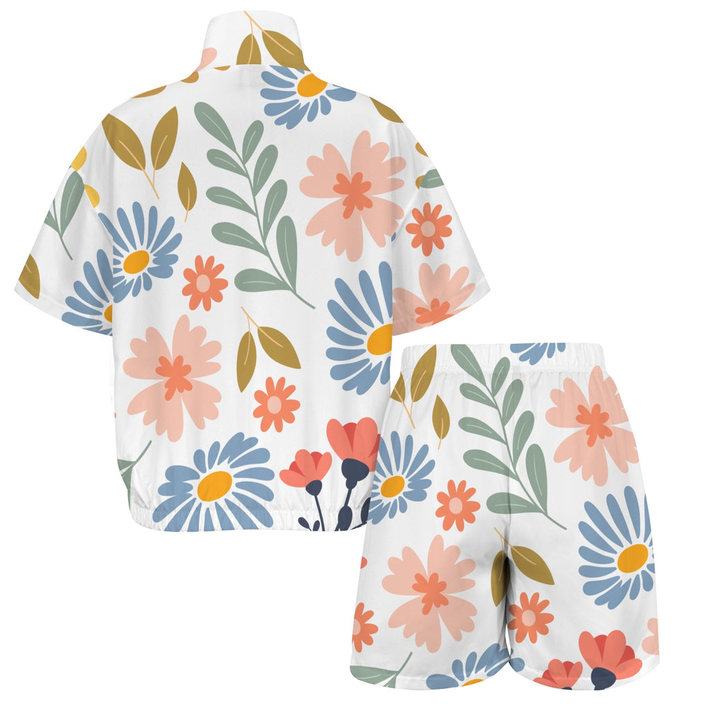 Large Boho Flowers And Leaves Women's Windbreaker Short Set Women's Windbreaker Short Set Plants Printed Offshore
