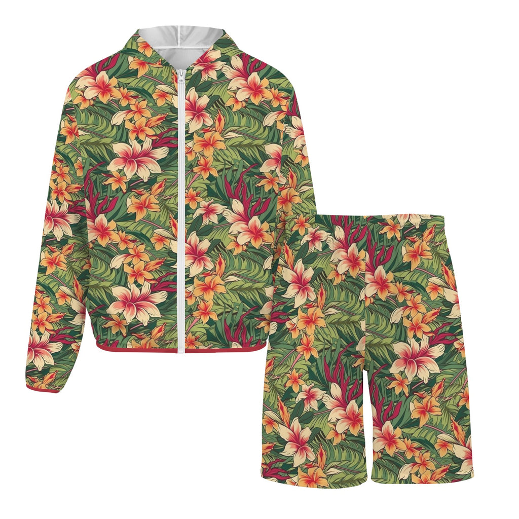 Vintage Hawaiian Floral Men's Lightweight Sun Hoodie & Shorts Set Men's Lightweight Sun Hoodie & Shorts Plants Printed Offshore