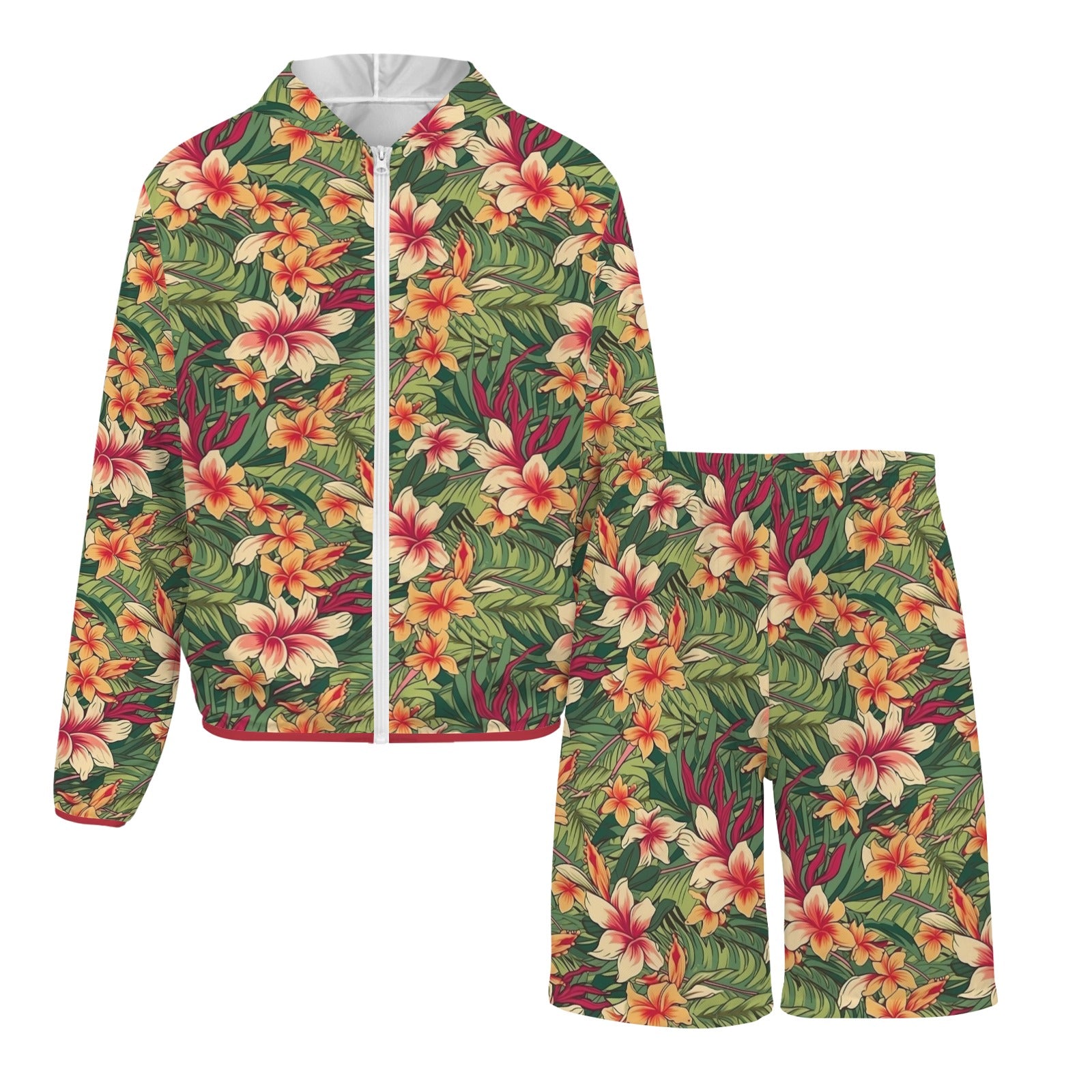 Vintage Hawaiian Floral Men's Lightweight Sun Hoodie & Shorts Set Men's Lightweight Sun Hoodie & Shorts Plants Printed Offshore