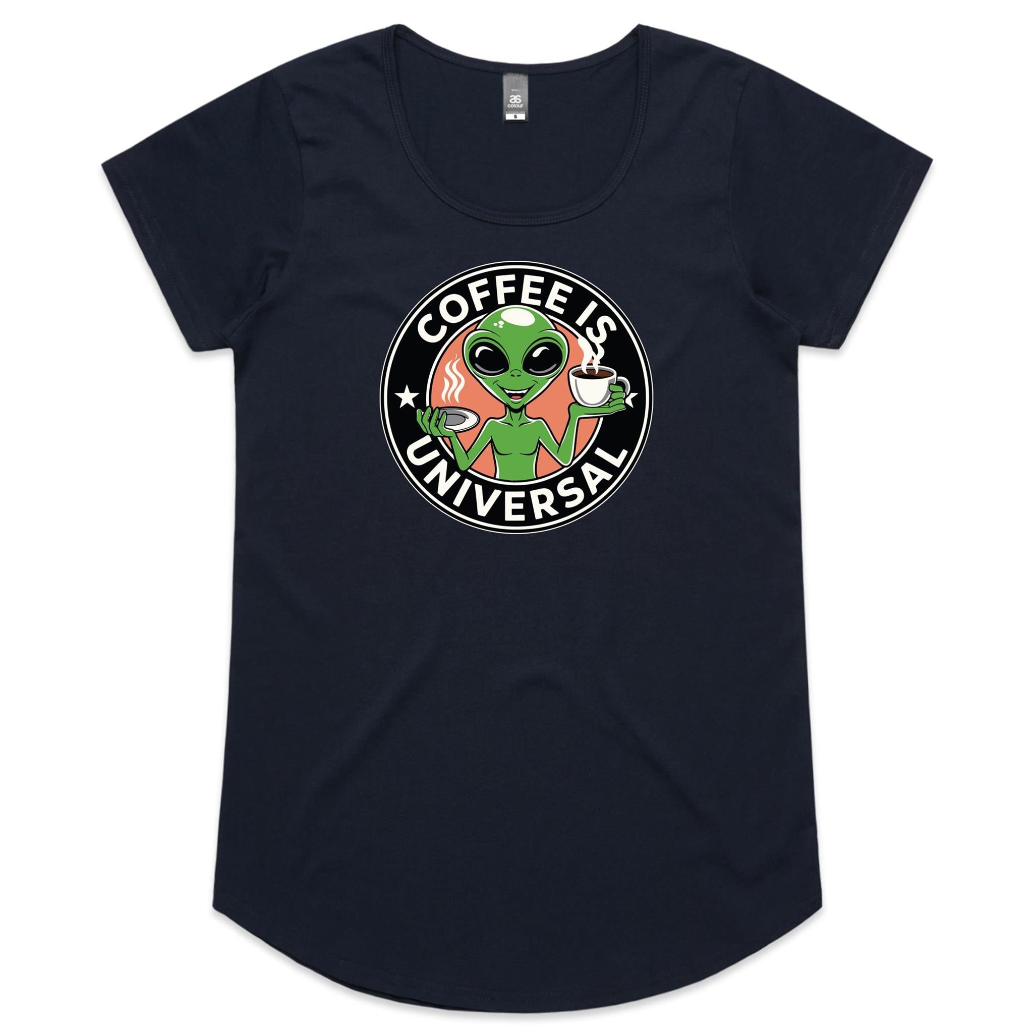 Coffee Is Universal, Alien - Womens Scoop Neck T-Shirt Navy Womens Scoop Neck T-shirt Coffee Printed In Australia Sci Fi