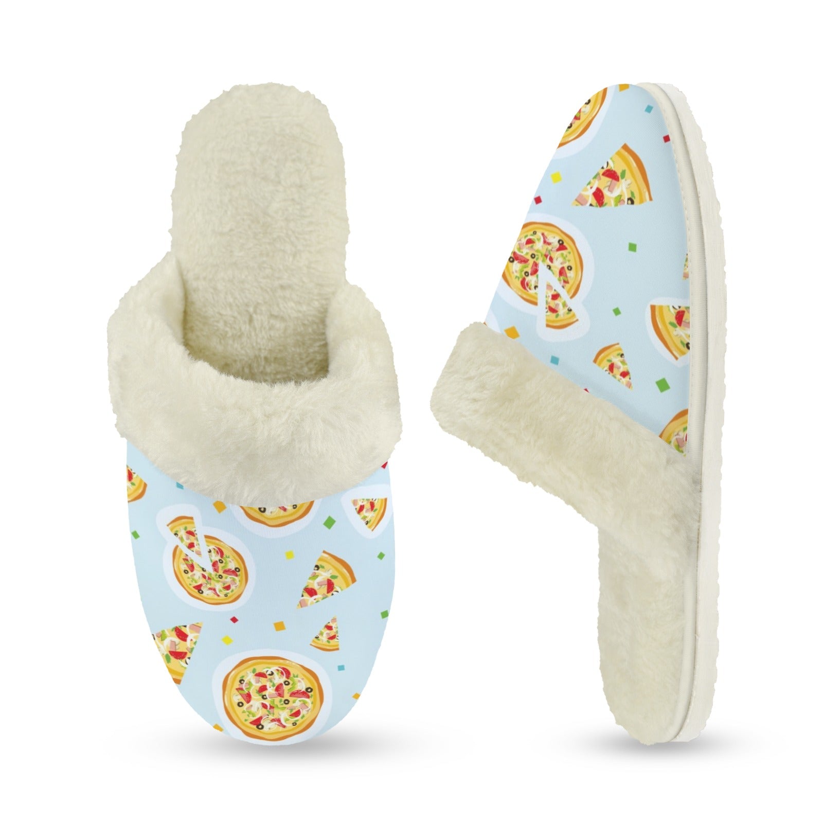 Pizzas On Blue Women's Fur Trim Thick-Sole Indoor Slippers Women's Fur Trimmed Slippers Food Printed Offshore