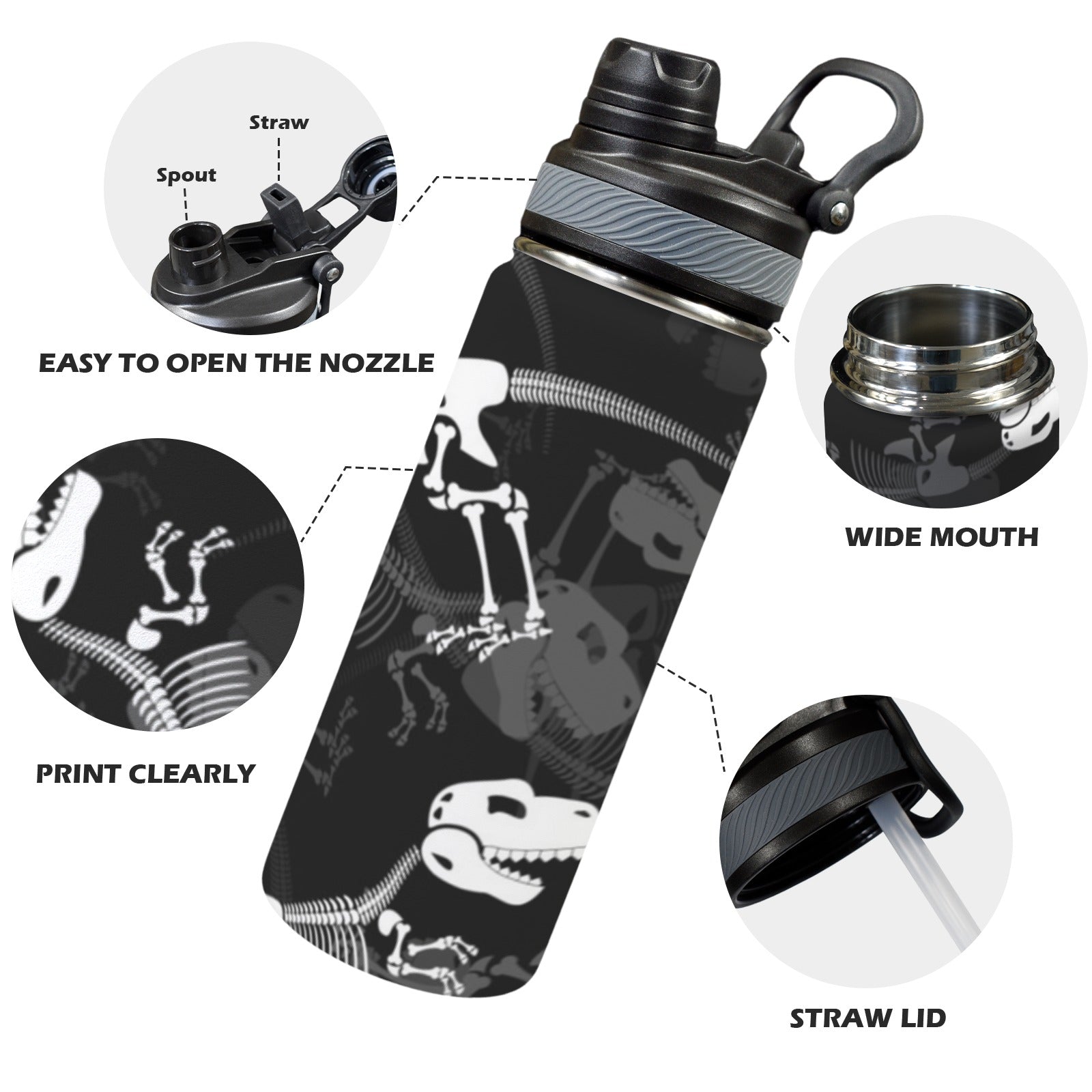 Dinosaur Skeleton - Insulated Water Bottle with Dual-Use Lid (18oz) Insulated Water Bottle with Dual-Use Lid (18oz) Printed Offshore