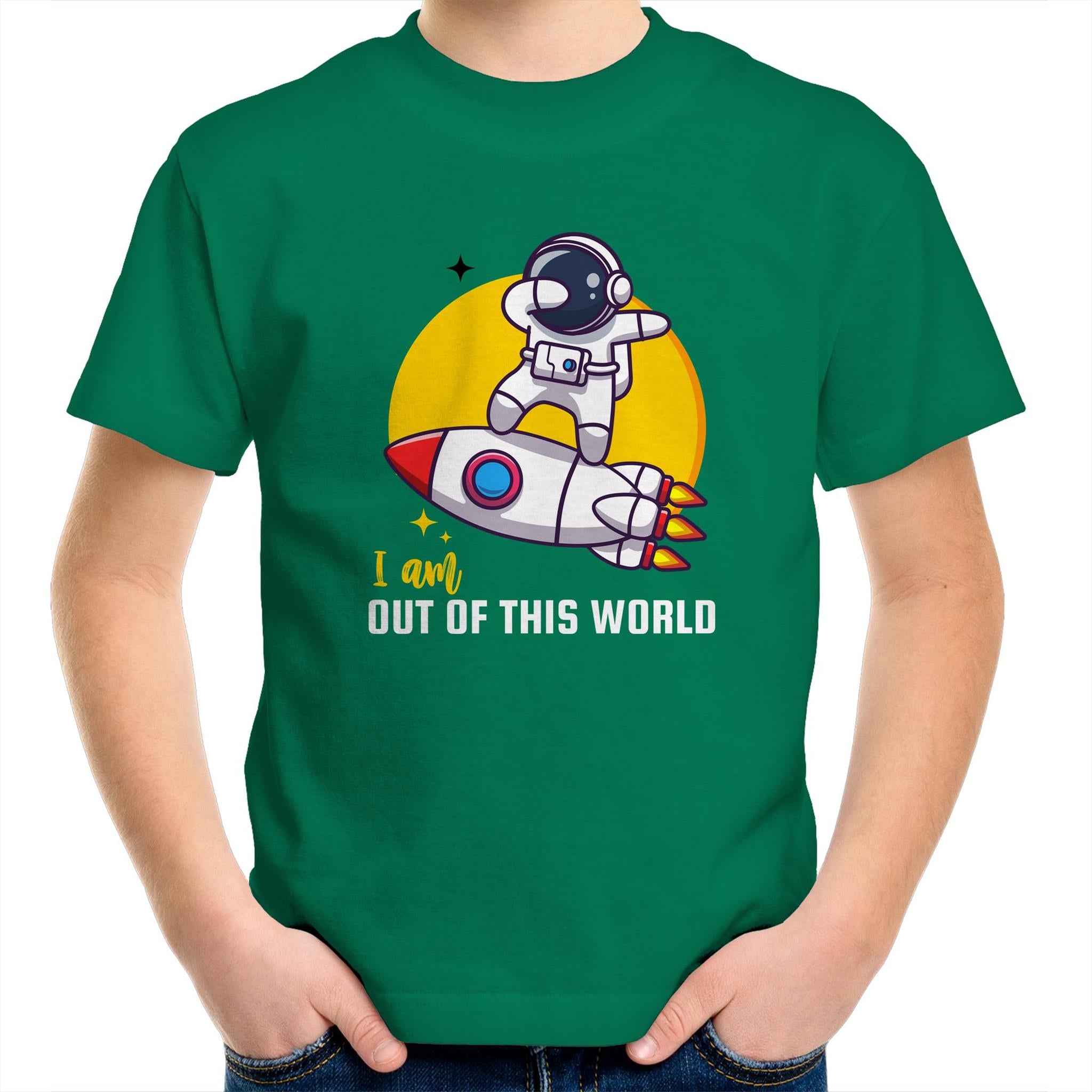 I Am Out Of This World, Astronaut - Kids Youth T-Shirt Kelly Green Kids Youth T-shirt Printed In Australia Space