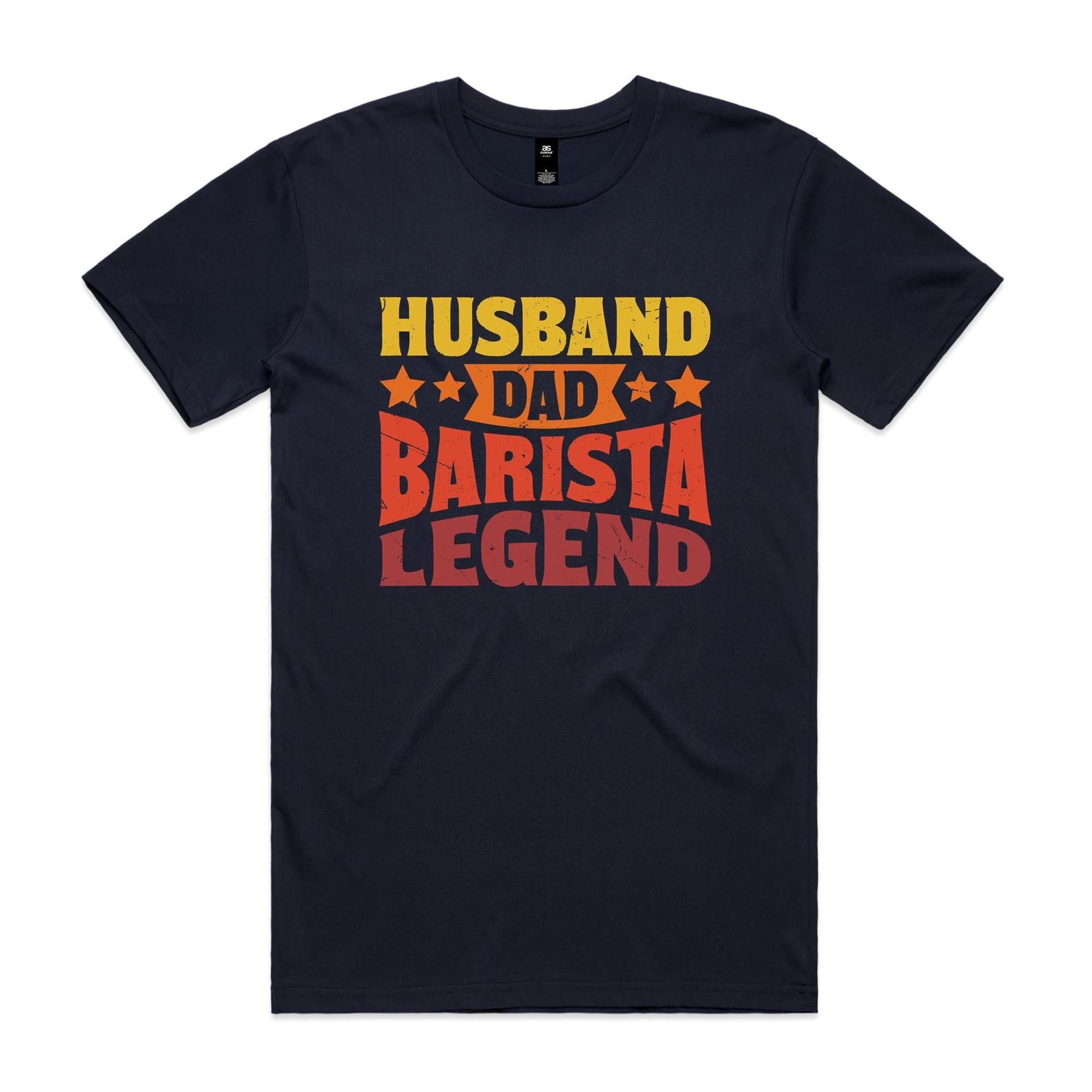 Husband, Dad, Barista, Legend - Men's AS Colour T-shirt Navy Mens T-shirt Coffee Dad Printed In Australia