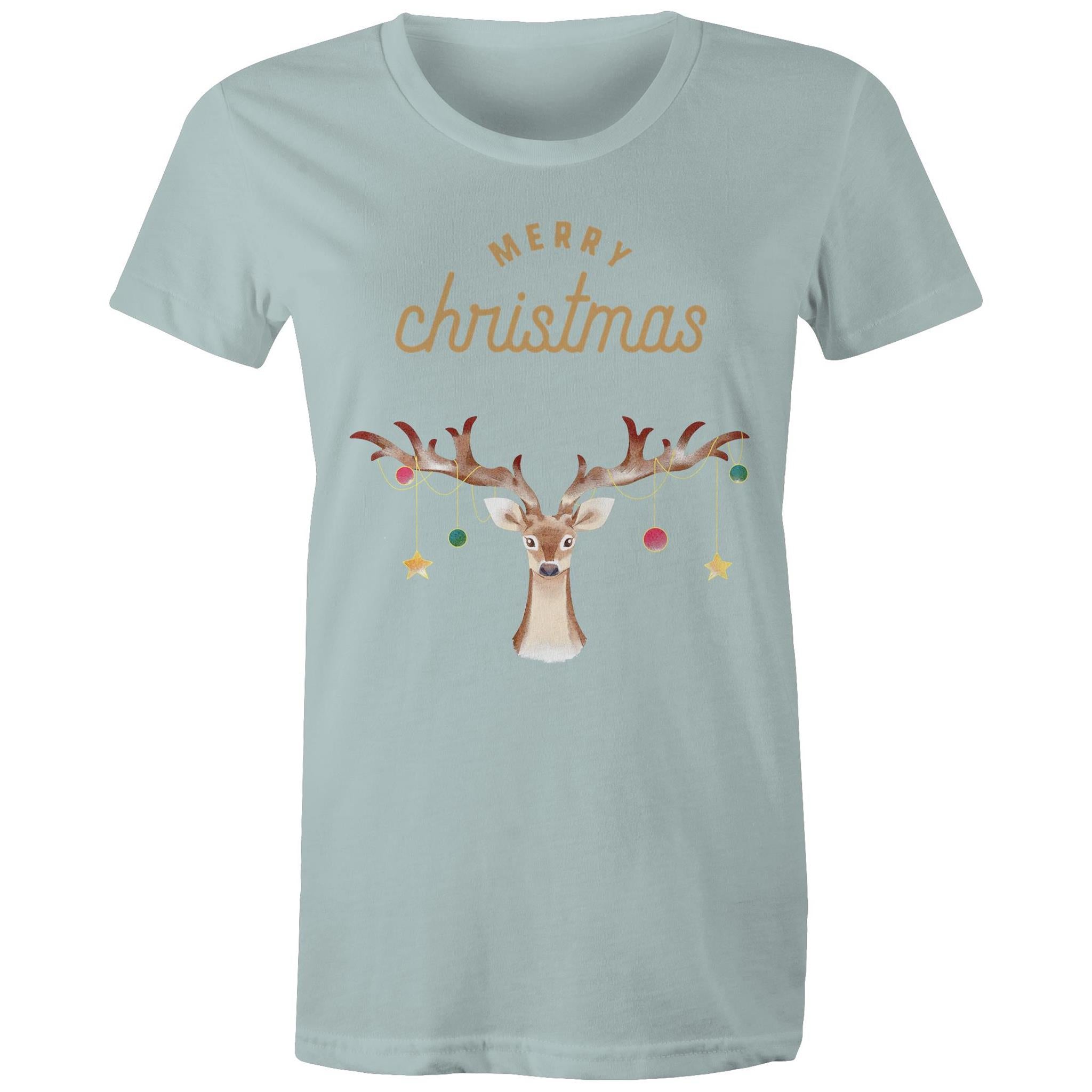 Merry Christmas Reindeer - Womens T-shirt Pale Blue Womens Christmas T-shirt Christmas Printed In Australia