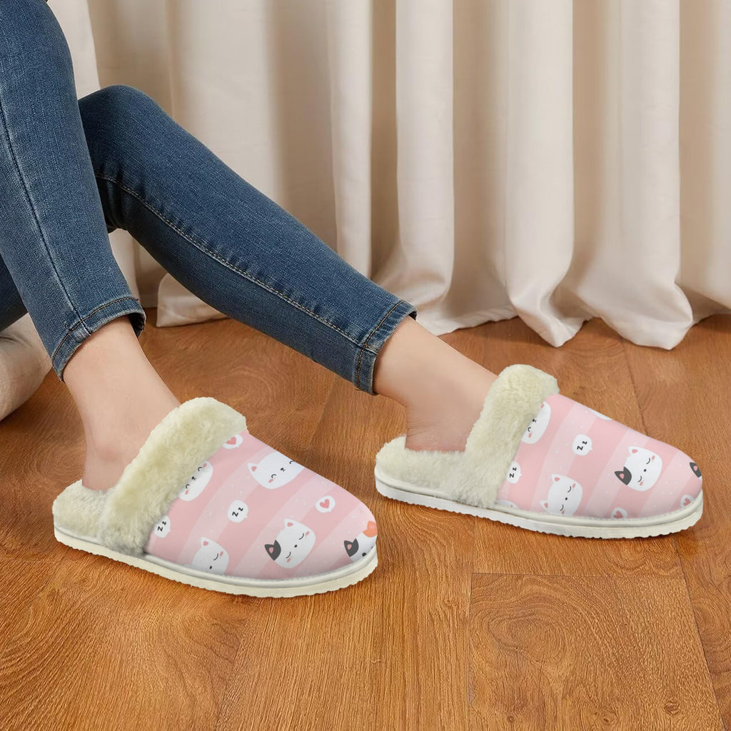 Pink Cats Women's Fur Trim Thick-Sole Indoor Slippers Women's Fur Trimmed Slippers animal Printed Offshore