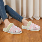 Pink Cats Women's Fur Trim Thick-Sole Indoor Slippers Women's Fur Trimmed Slippers animal Printed Offshore