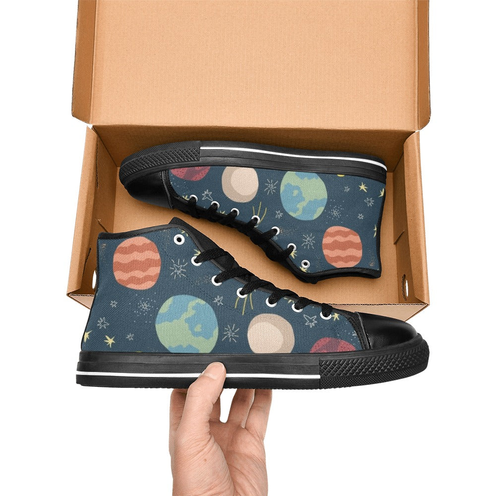 Rocket and Planets In Space - Kids High Top Canvas Shoes