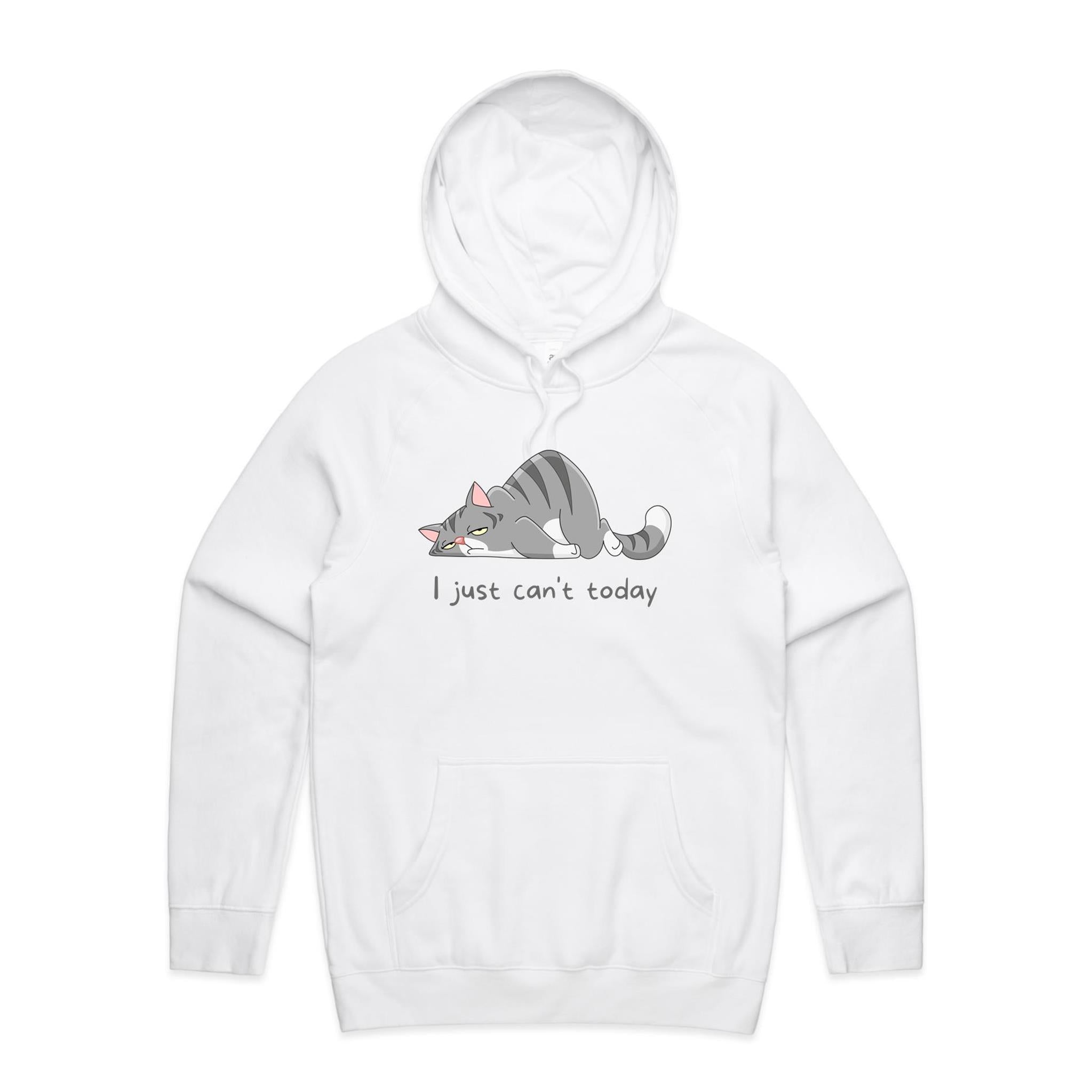 Cat, I Just Can't Today - Mens Hoodie White Mens Hoodie animal Printed In Australia