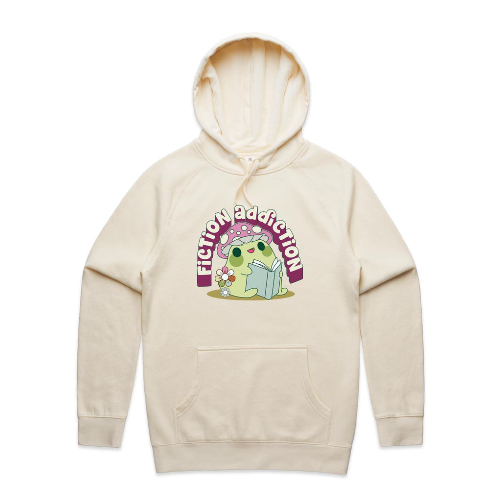 Fiction Addiction - Mens Hoodie Ecru Mens Hoodie Printed In Australia Reading