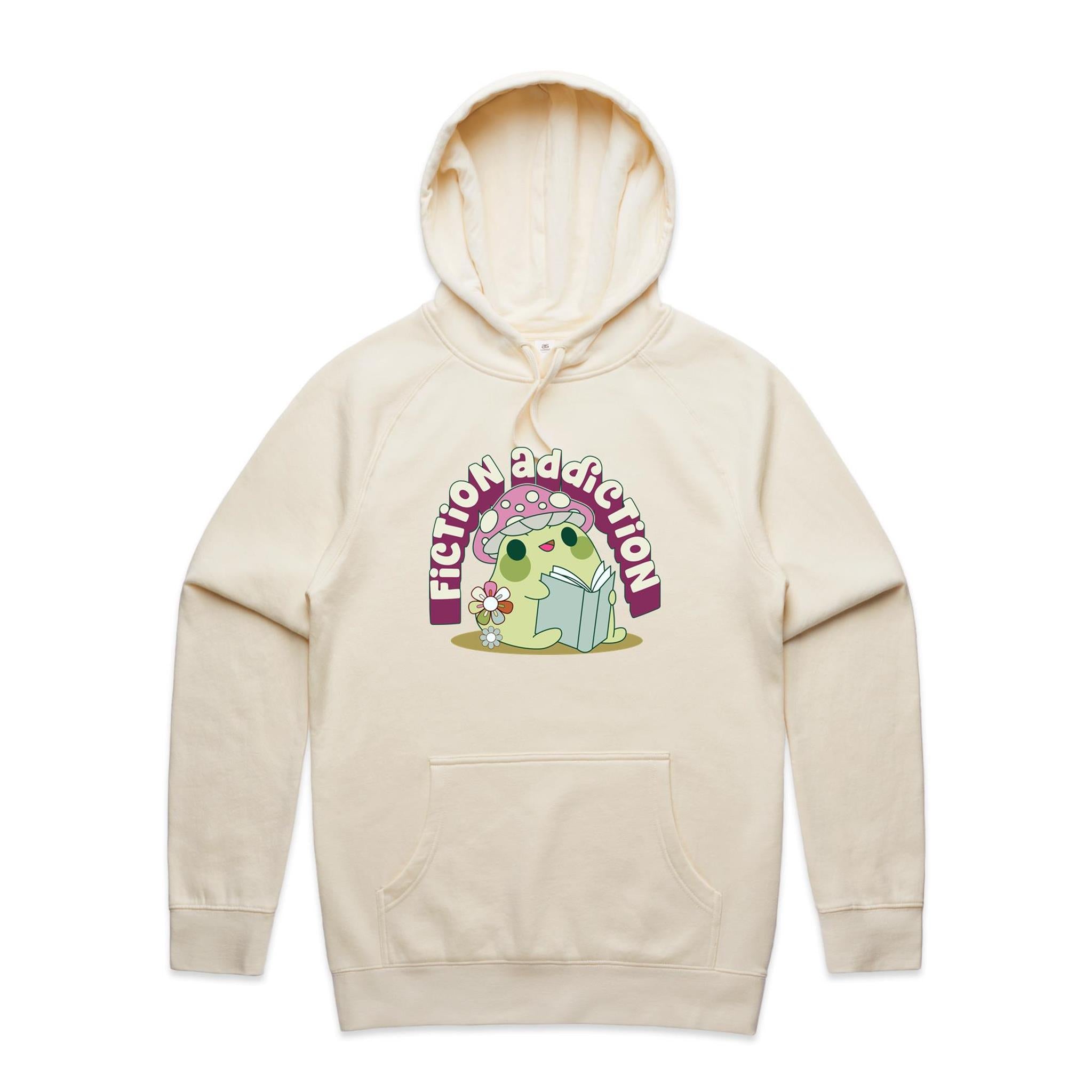 Fiction Addiction - Mens Hoodie Ecru Mens Hoodie Printed In Australia Reading