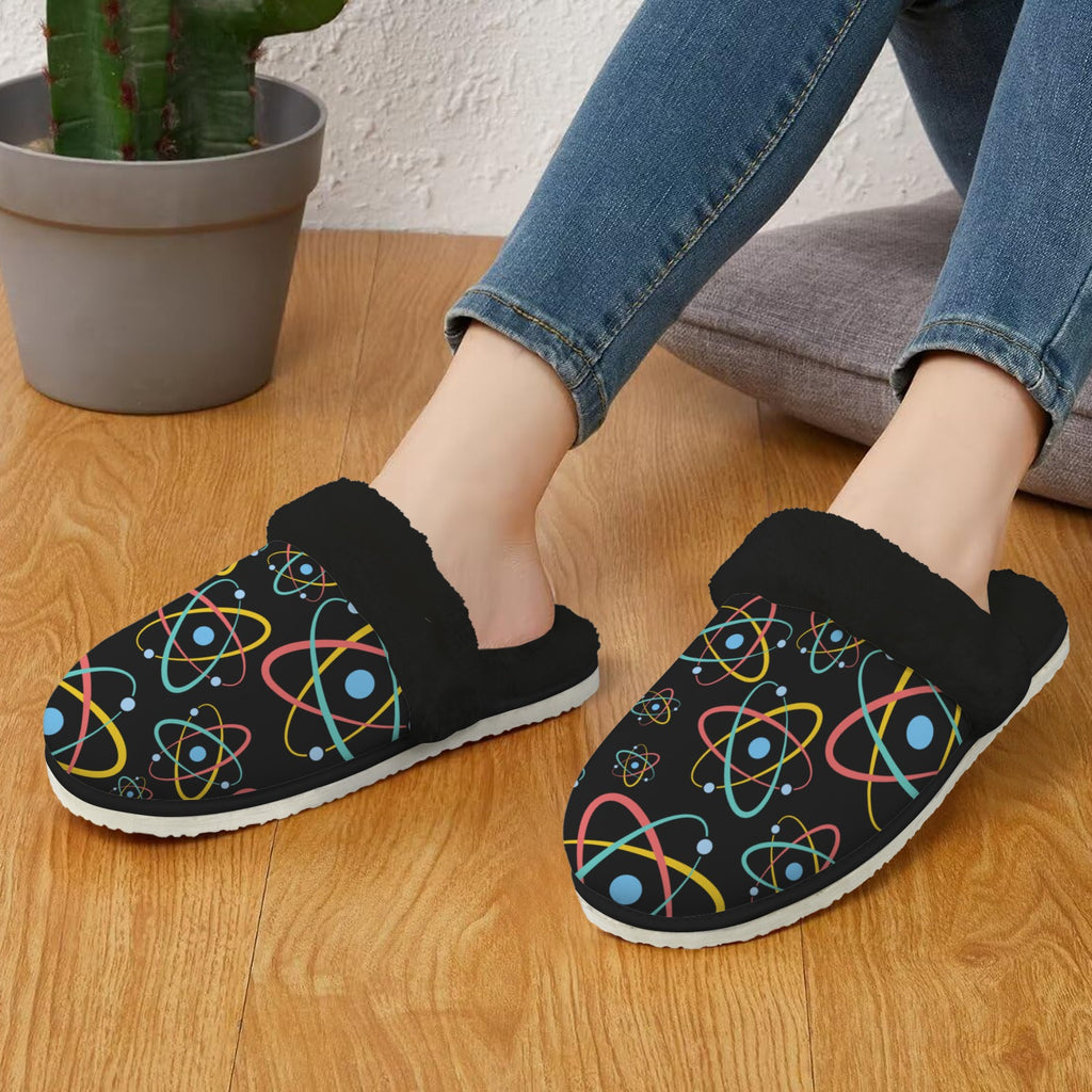 Atoms Women's Fur Trim Thick-Sole Indoor Slippers Women's Fur Trimmed Slippers Printed Offshore Science