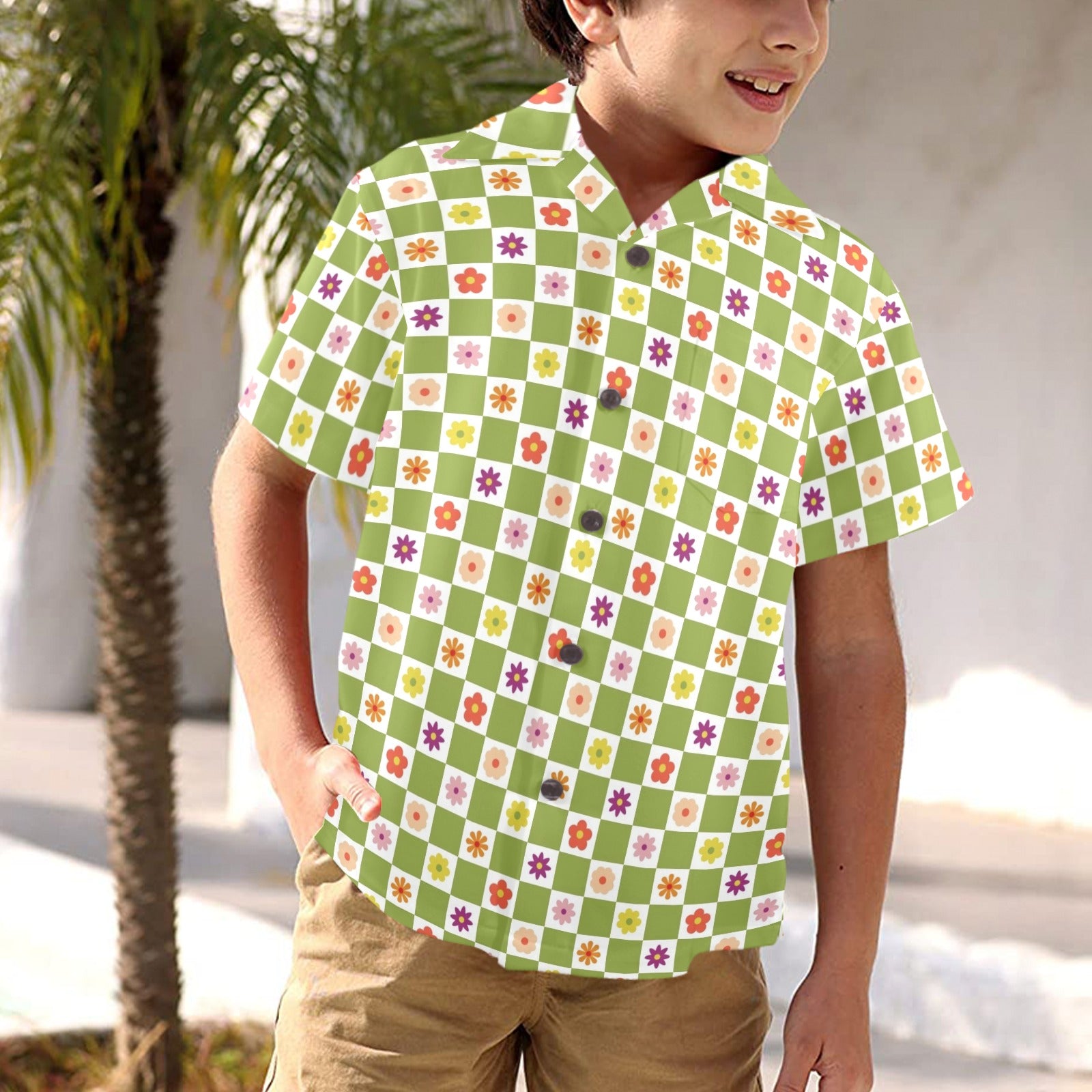 Flower Check Junior Kids Hawaiian Shirt