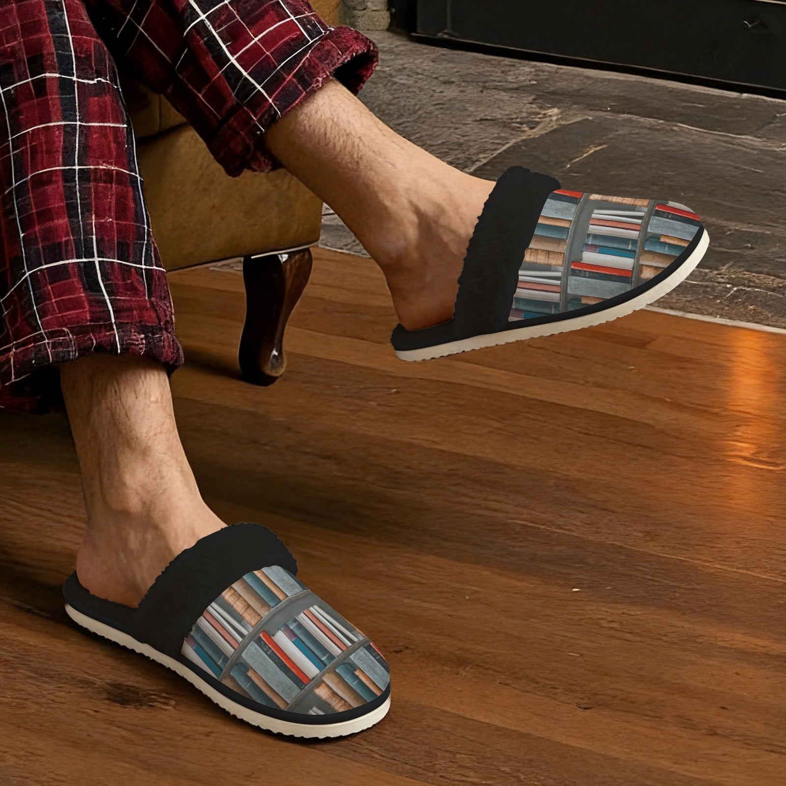 Books Men's Fur Trim Thick-Sole Indoor Slippers Men's Fur Trimmed Slippers Printed Offshore Reading