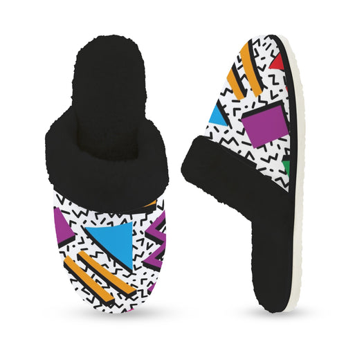 80's Abstract - Women's Fur Trim Thick-Sole Indoor Slippers Women's Fur Trimmed Slippers Printed Offshore Retro