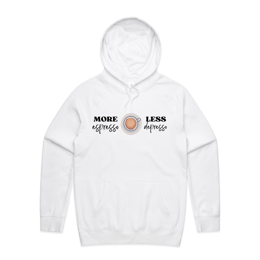 More Espresso, Less Depresso Men's AS Colour Hoodie White Mens Hoodie Coffee Printed In Australia