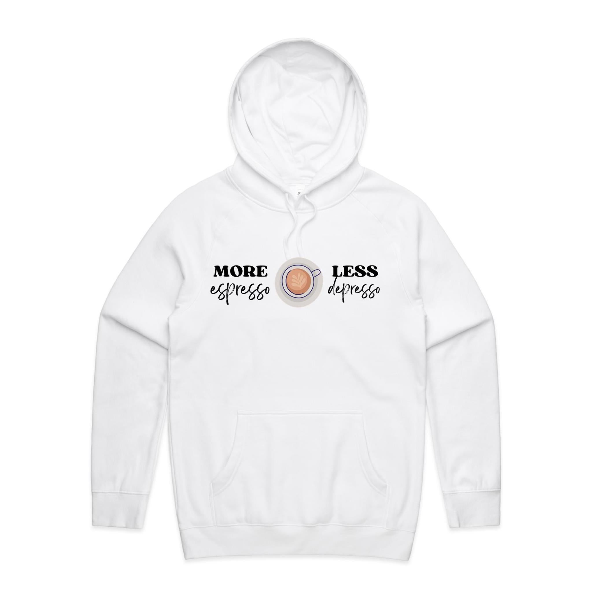 More Espresso, Less Depresso - Mens Hoodie White Mens Hoodie Coffee Printed In Australia