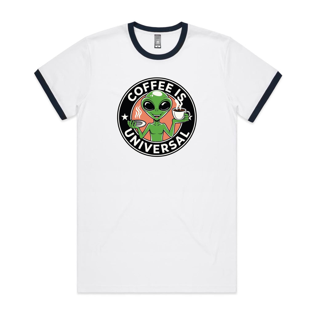 Coffee Is Universal, Alien - Staple Ringer Tee White Navy Ringer T-Shirt Coffee Printed In Australia Sci Fi