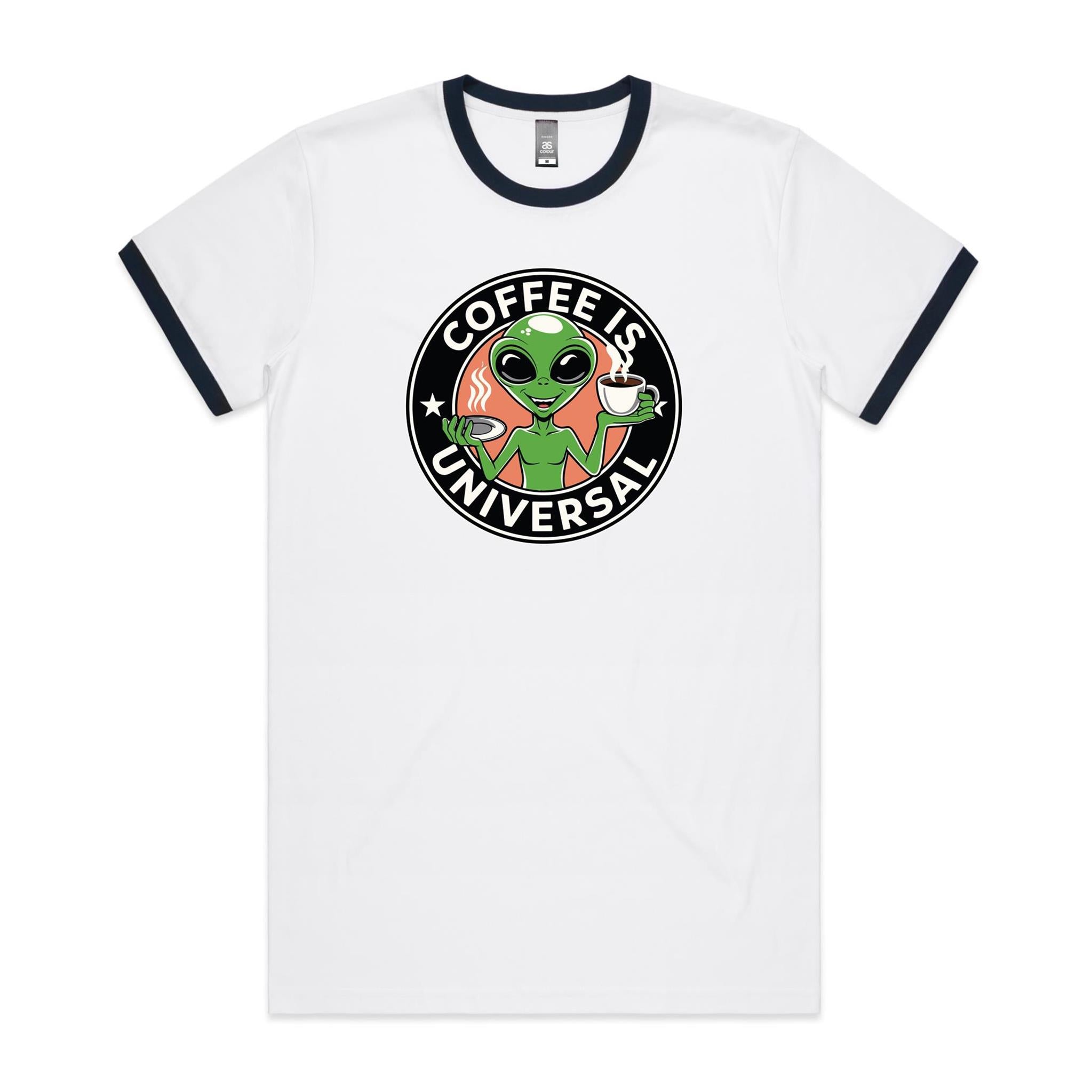 Coffee Is Universal, Alien - Staple Ringer Tee White Navy Ringer T-Shirt Coffee Printed In Australia Sci Fi