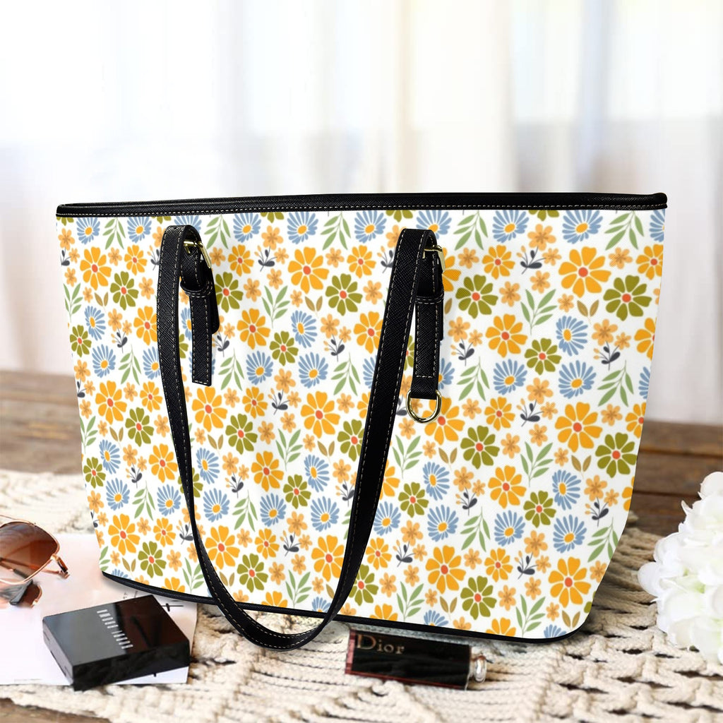Retro Boho Flower PU Leather Tote Bag Large Leather Tote Bag-Large Plants Printed Offshore