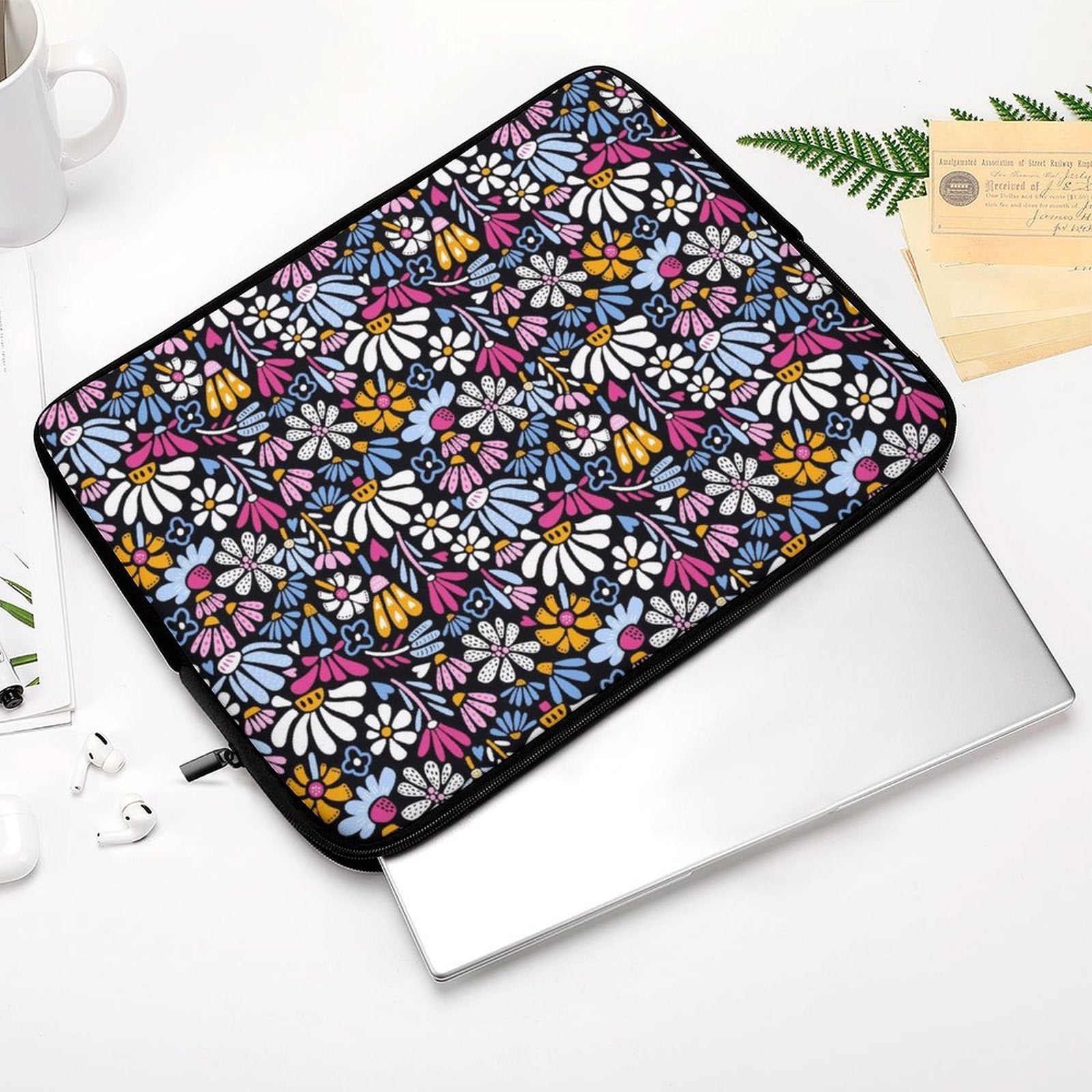 Graphic Flowers On Black - Laptop Sleeve (Multiple Sizes)