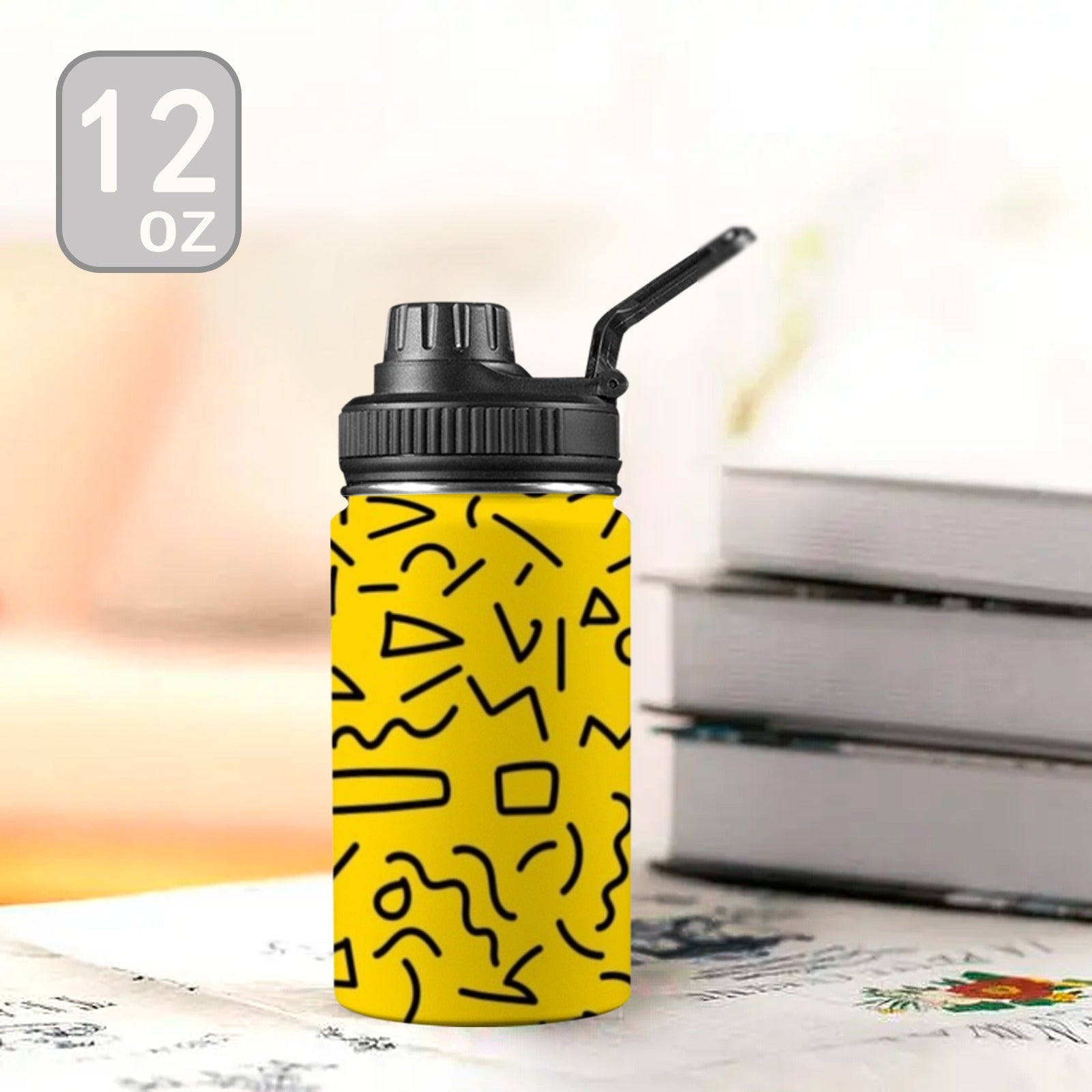 Black Squiggle On Yellow - Kids Water Bottle with Chug Lid (12 oz)
