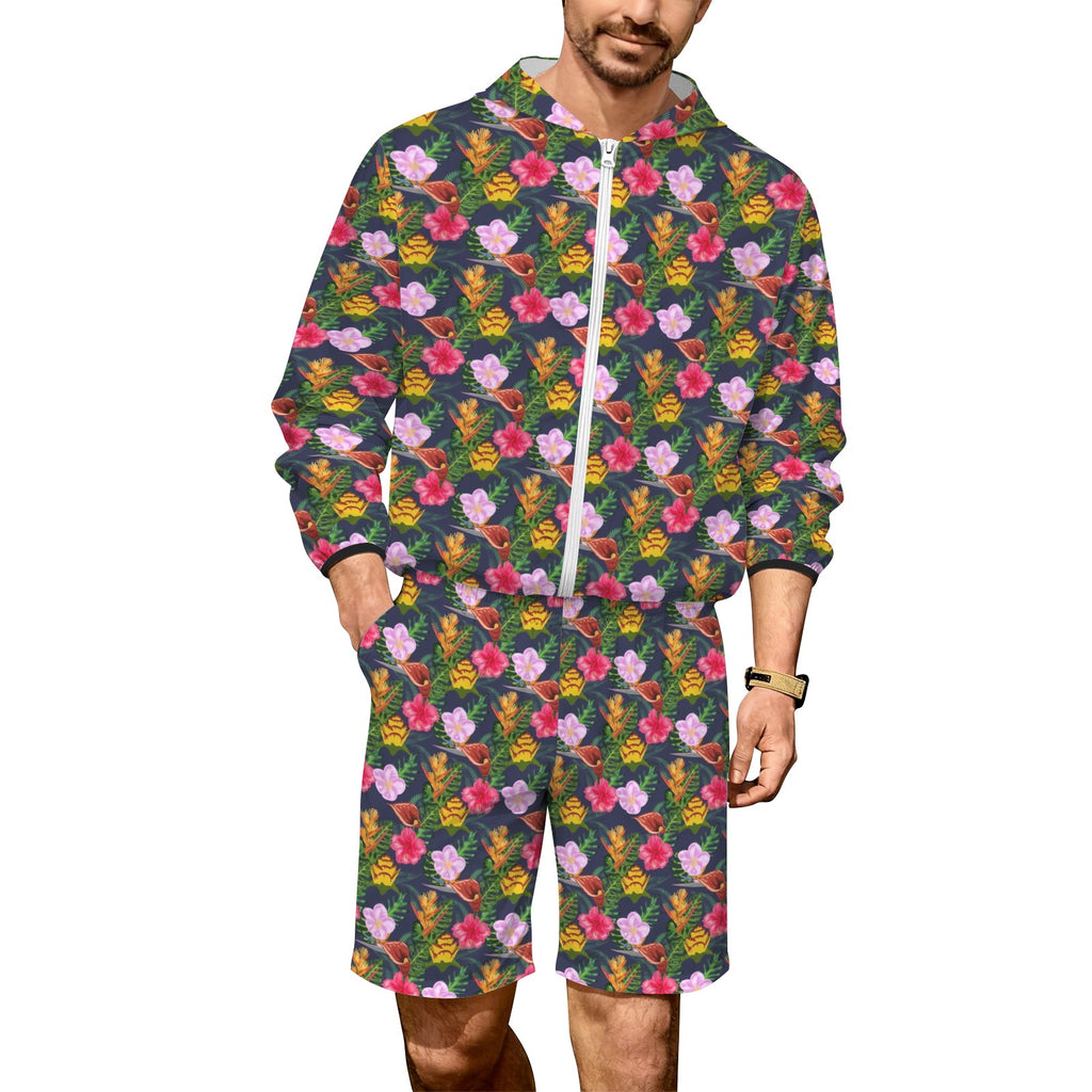 Tropical Floral Men's Lightweight Sun Hoodie & Shorts Set 4XL Men's Lightweight Sun Hoodie & Shorts Plants Printed Offshore