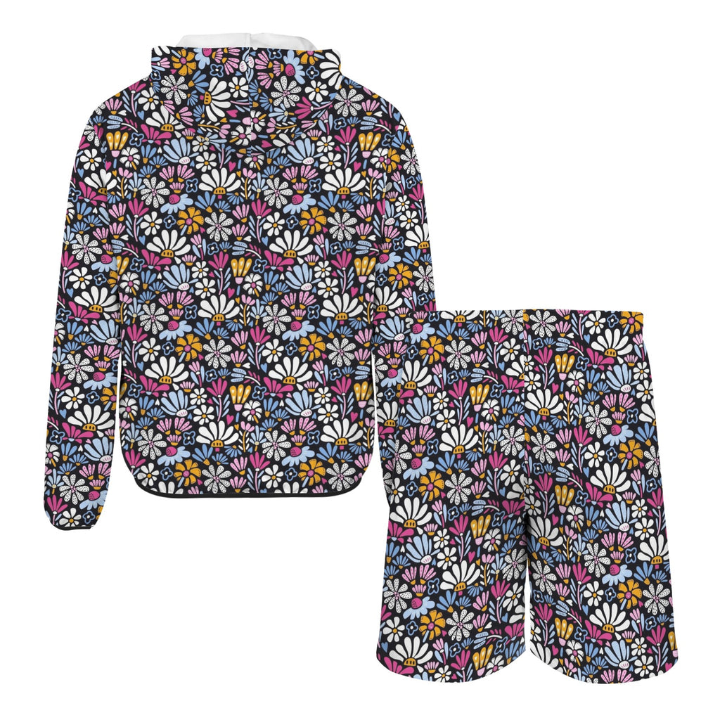 Graphic Flowers On Black Men's Lightweight Sun Hoodie & Shorts Set Men's Lightweight Sun Hoodie & Shorts Plants Printed Offshore