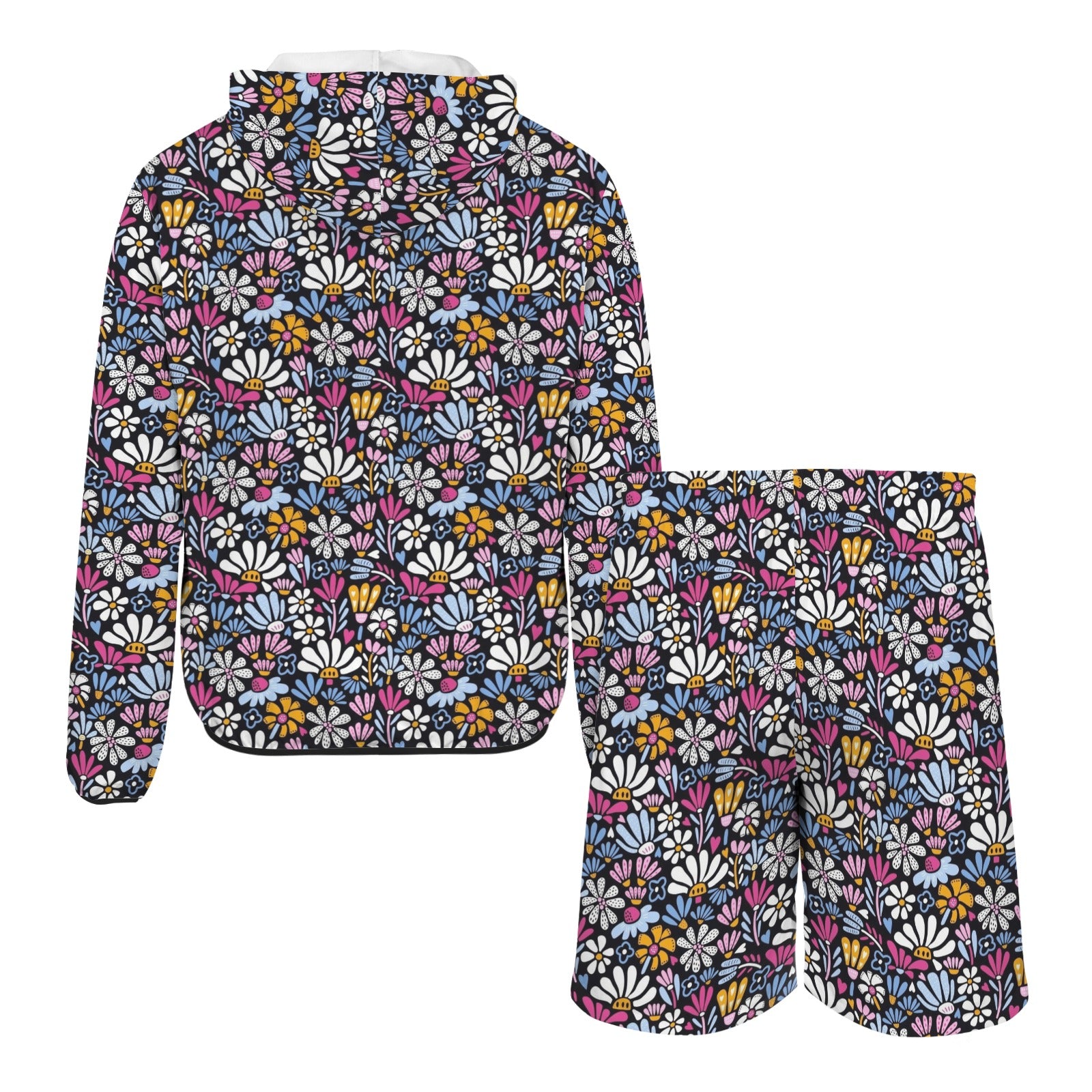 Graphic Flowers On Black Men's Lightweight Sun Hoodie & Shorts Set Men's Lightweight Sun Hoodie & Shorts Plants Printed Offshore